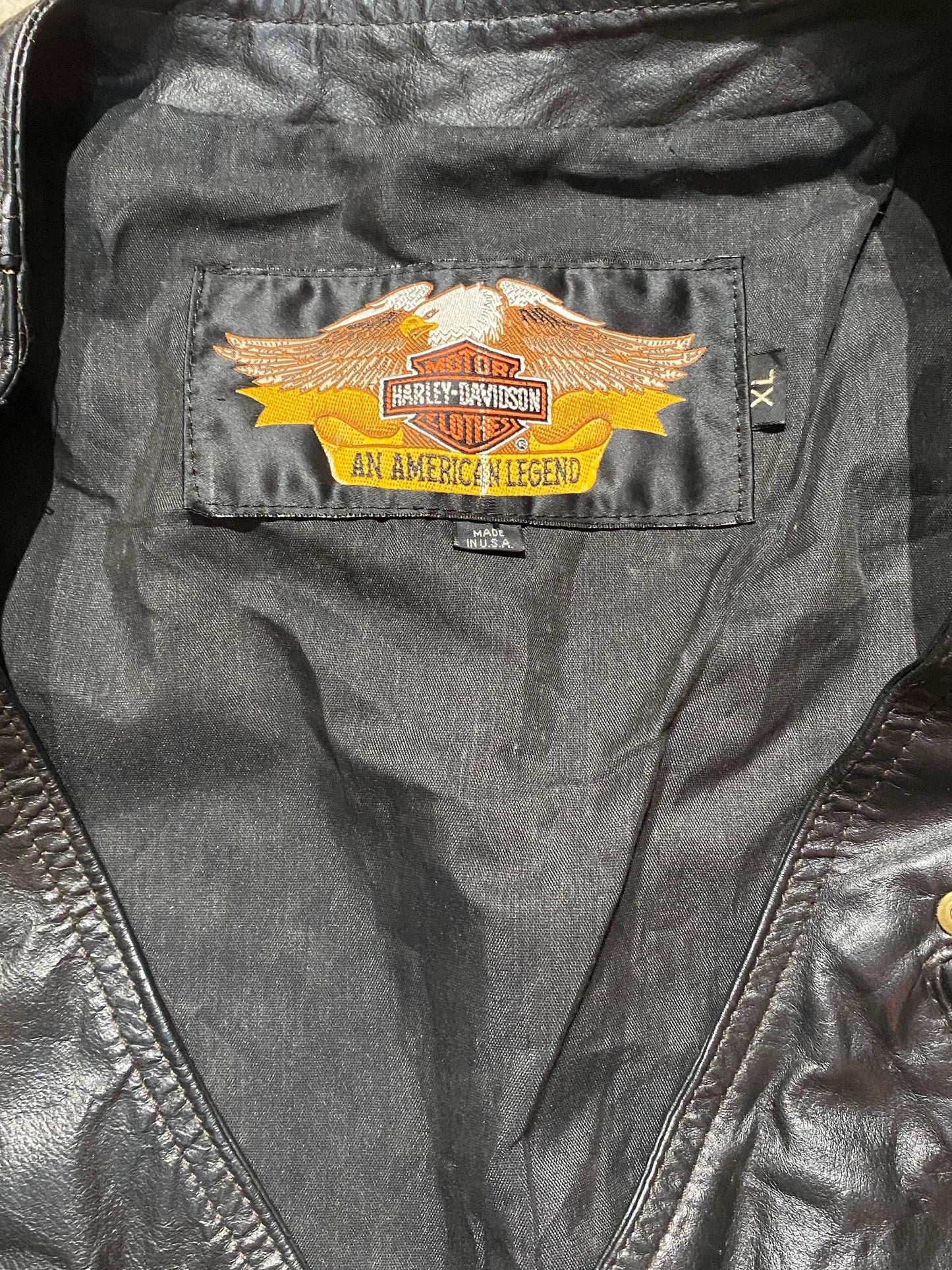 Harley Davidson black leather utility biker vest w 6 pockets 1980z ca made in USA, XL as New!