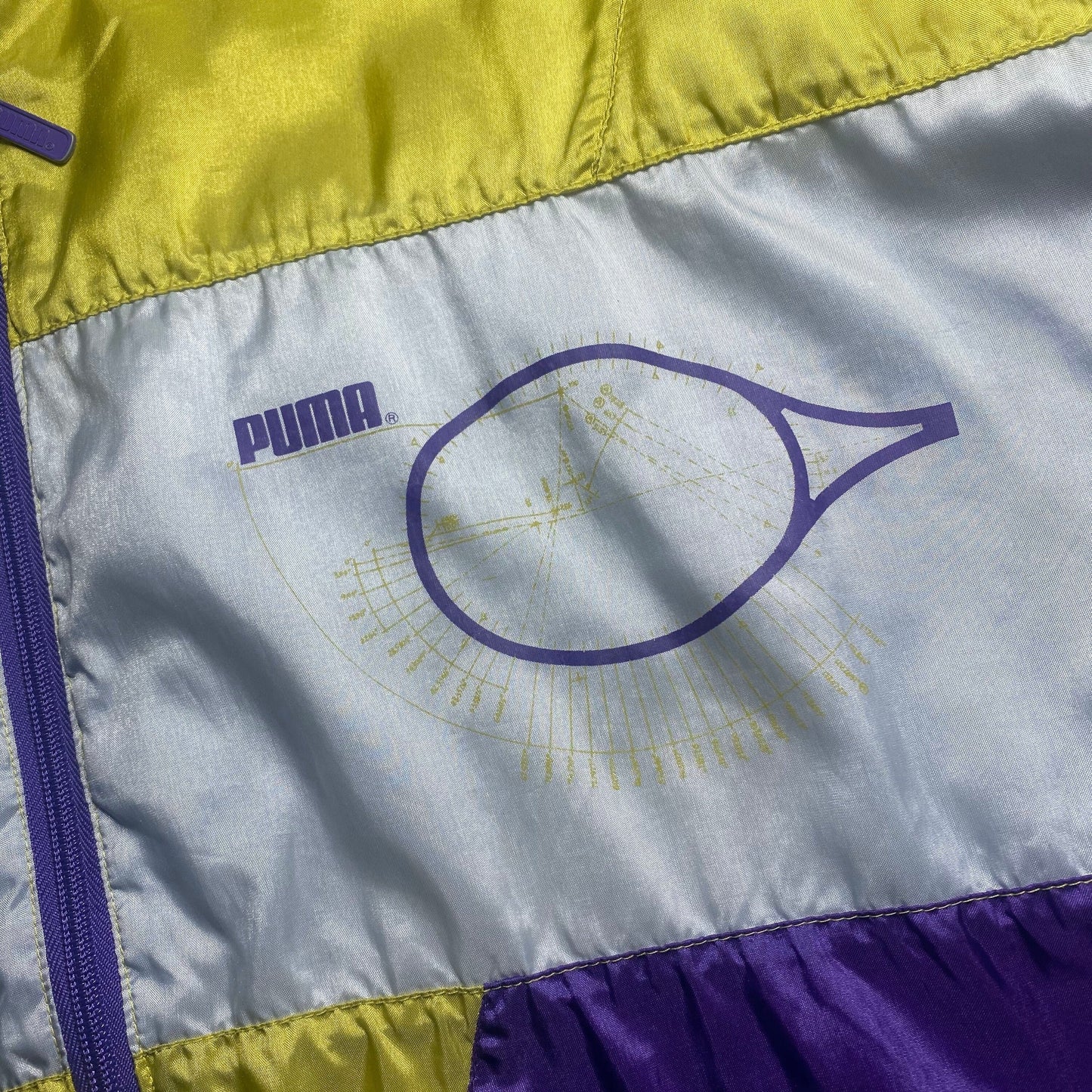 Puma satin tracktop windbreaker, violet/acid green/ silver with tennis racket print, minty
