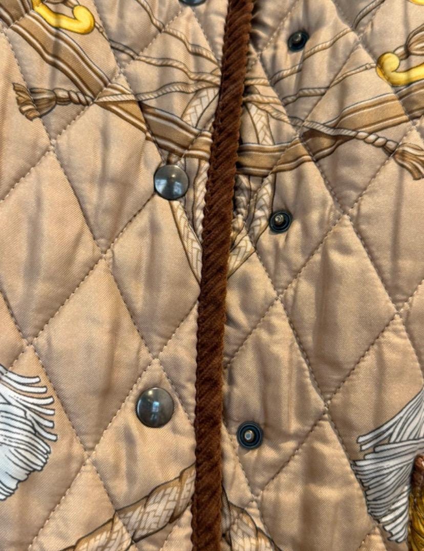 Baroque Scarf Print quilted satin husky style jacket w corduroy borders, sz S mint