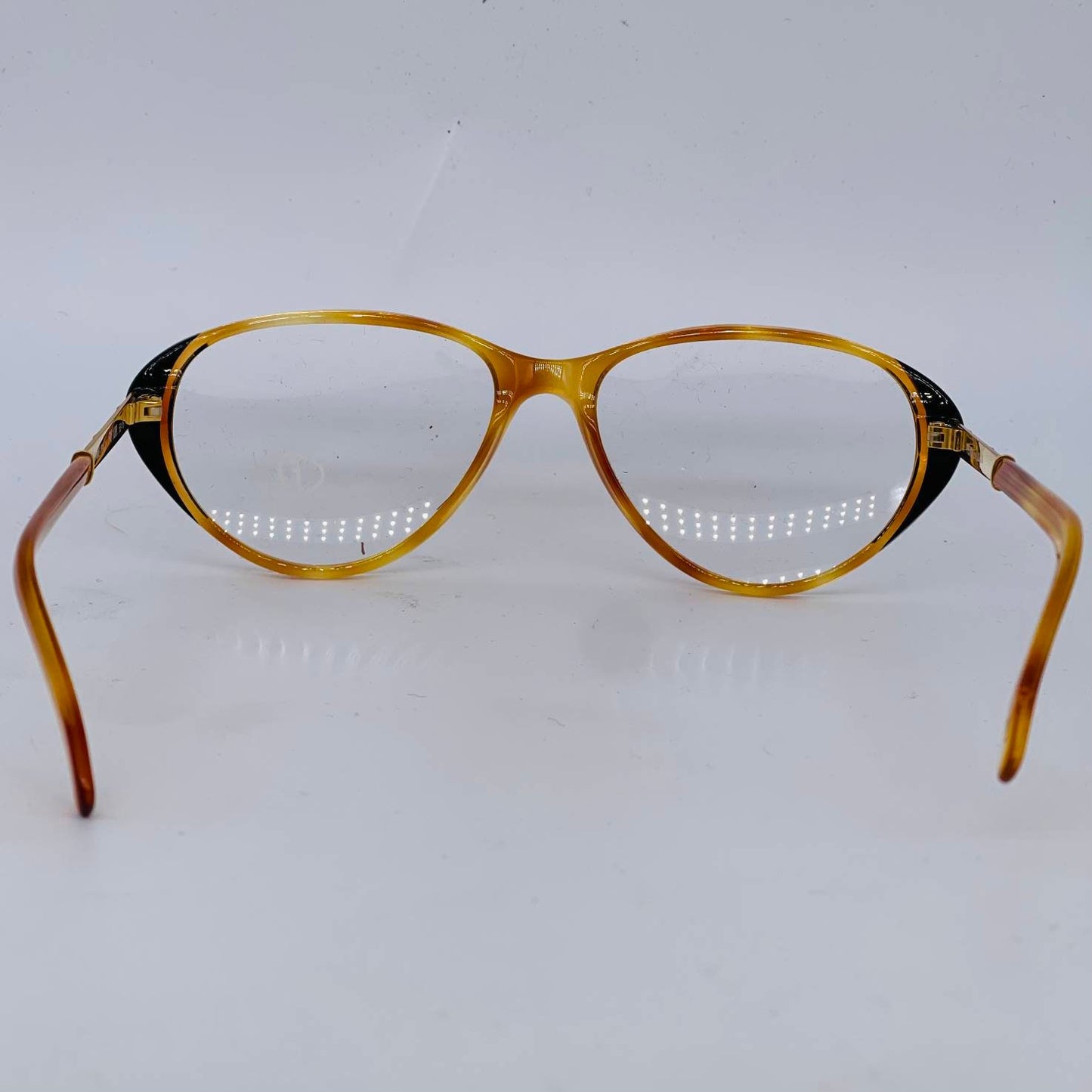 Fendi gorgeous demi blonde cello oval cateye frames w matching enameled metal temples embossed w branding, 80s NOS Italy