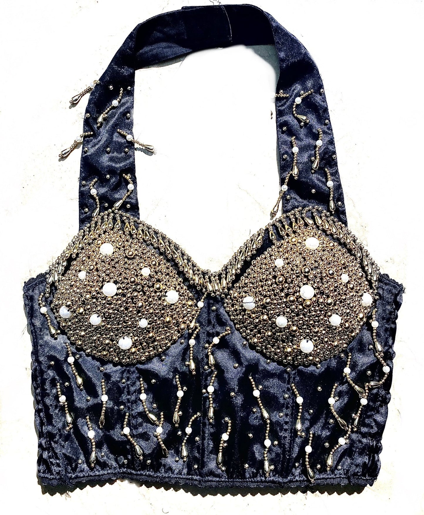 Gioiellò 100% rayon black satin corset with golden + pearl beads and fringes allover, NOS 80s