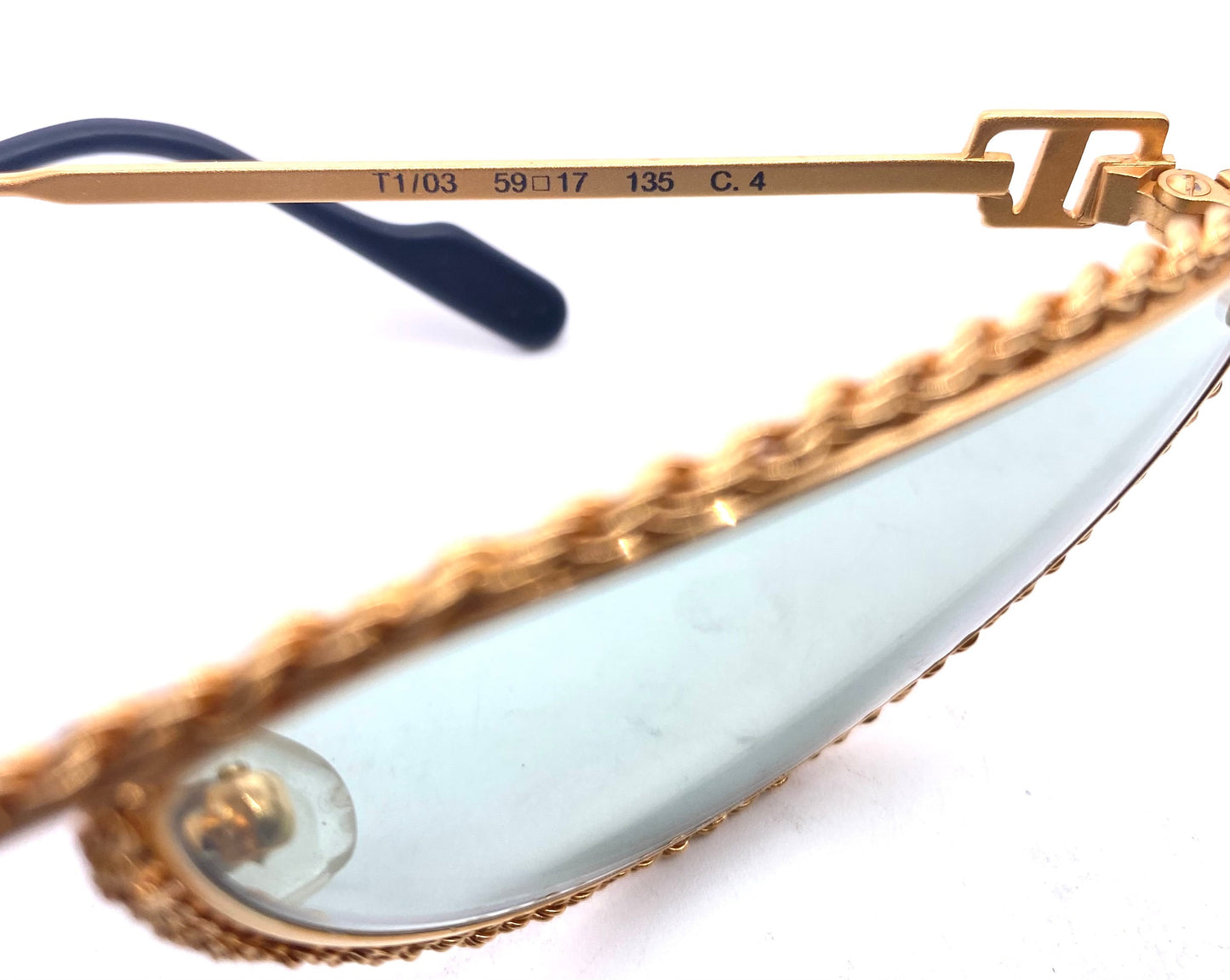 Tiffany Soloist T1-03 23k gold plated rope style rims cateye sunglasses, 1980s NOS