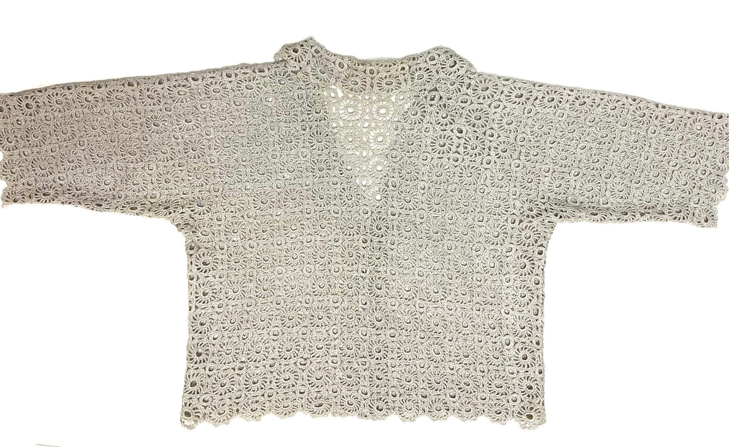 Crochet macramè grey/silver glitterswool handmade cardigan/jacket, in perfect condition and unique