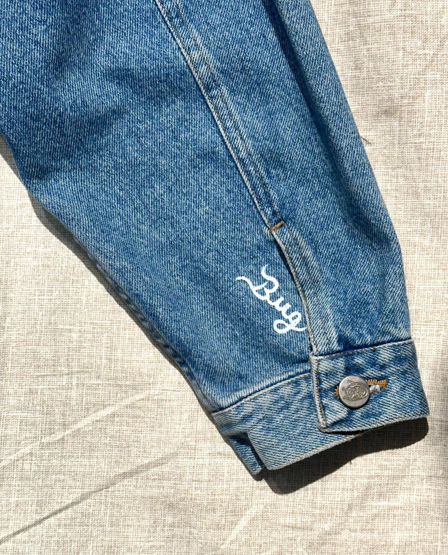 Outsider hand painted ladies denim jacket Cadillac advertising 60s, hand painted denim jacket made to order, custom made jacket