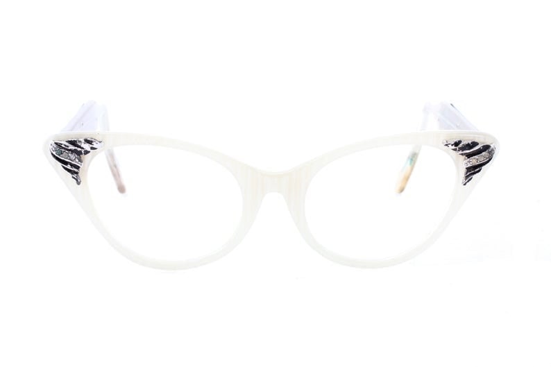 1950s jeweled pin-up cateye glasses in striped pearl white w floral carved black temples, unique and precious, NOS