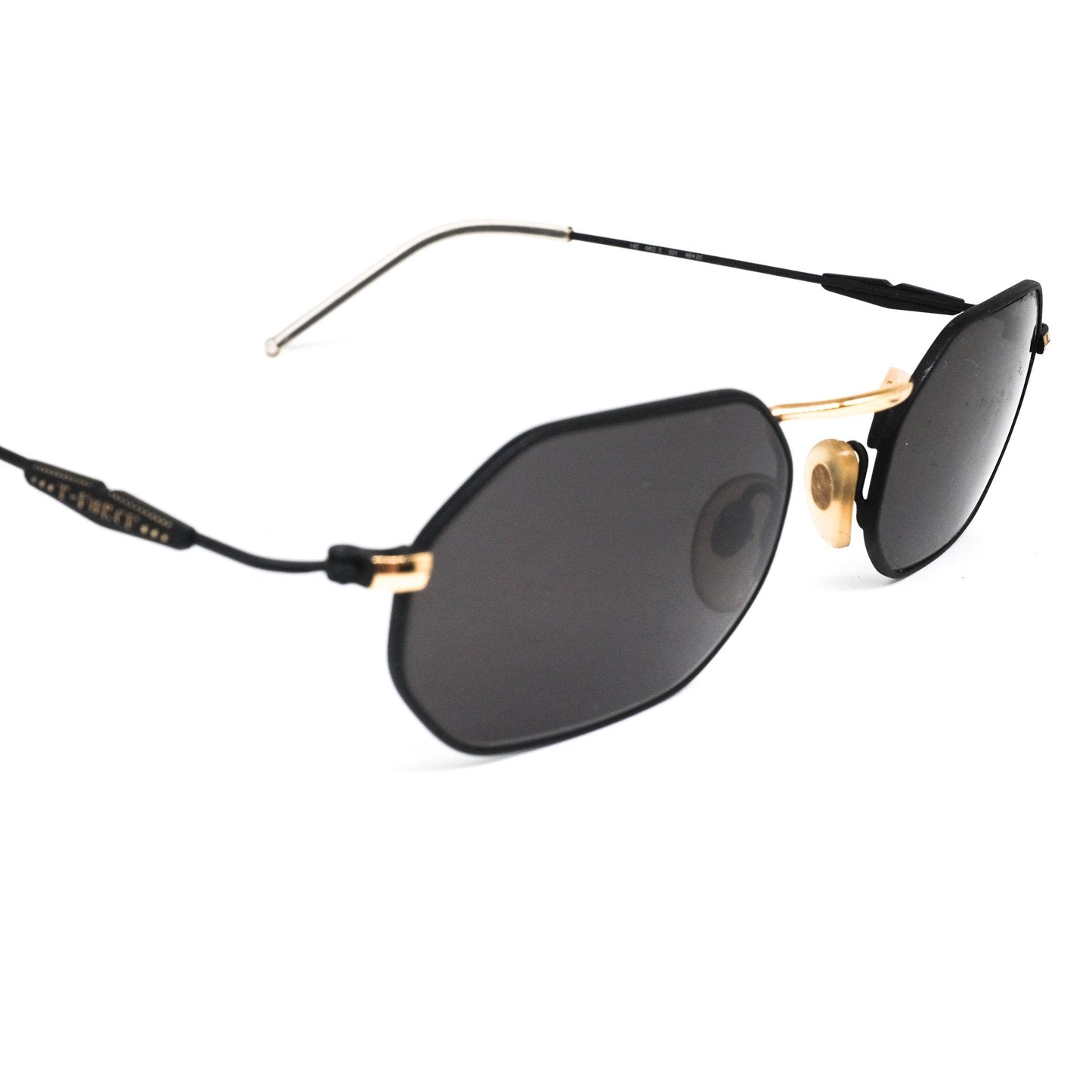 T force MIG 3 031 sunglasses with hexagonal black lenses in minimal design black metal frames with golden nose bridge NOS made in italy