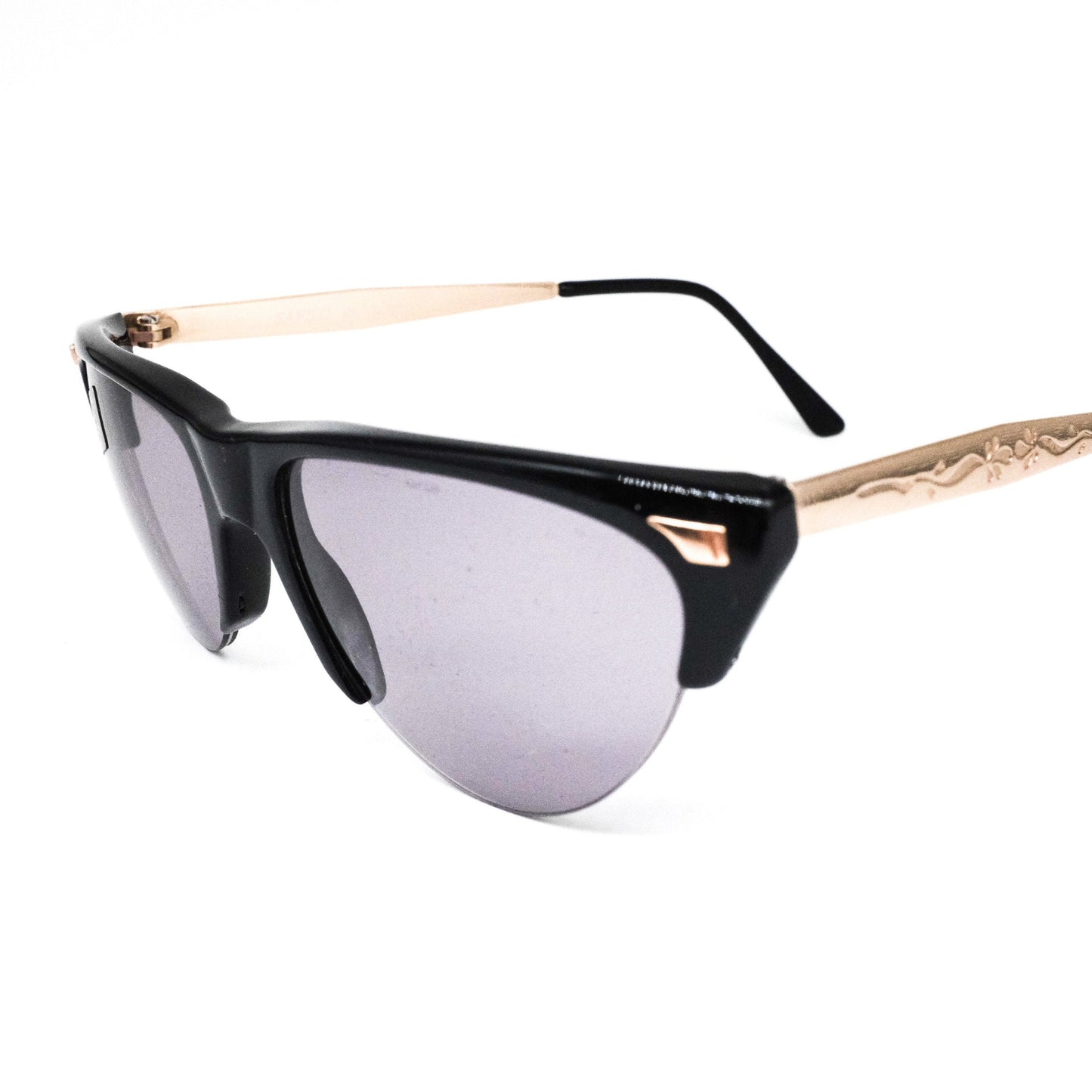 Safilo 1950s style black cateye sunglasses with golden carved temples, NOS 70s Made in Italy