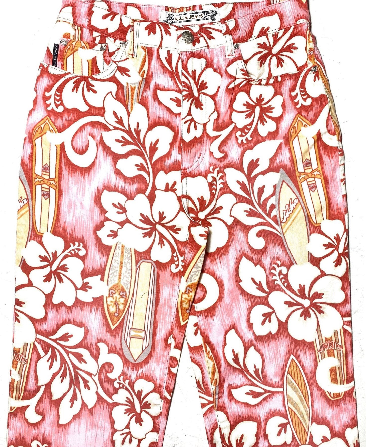 Krizia Jeans pink Waikiki surf boards & Hawaiian flowers denim trousers sz 28, Mint