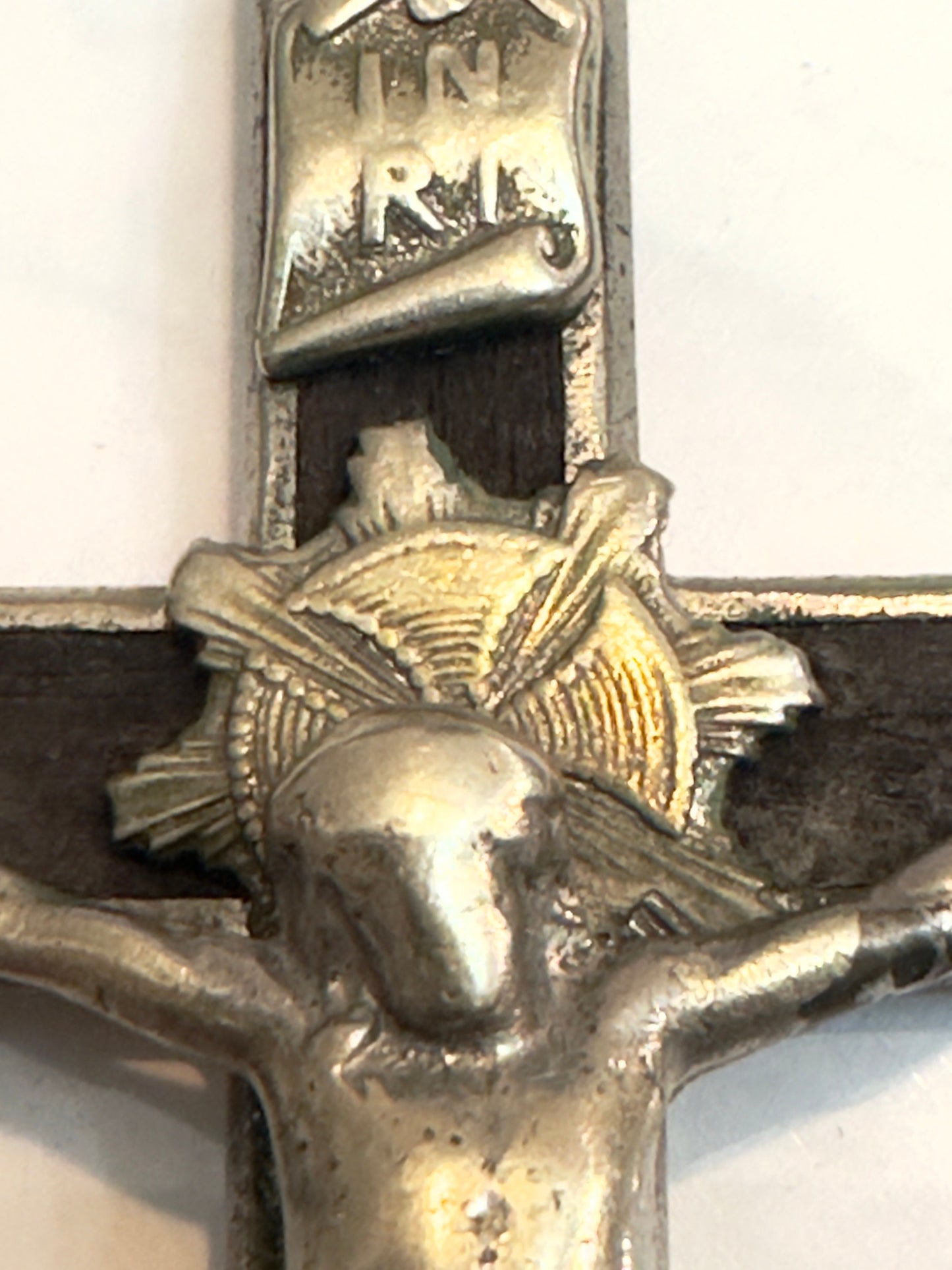 Antique artisanal crucifix in ebony and brass w skull & heart 1890ca