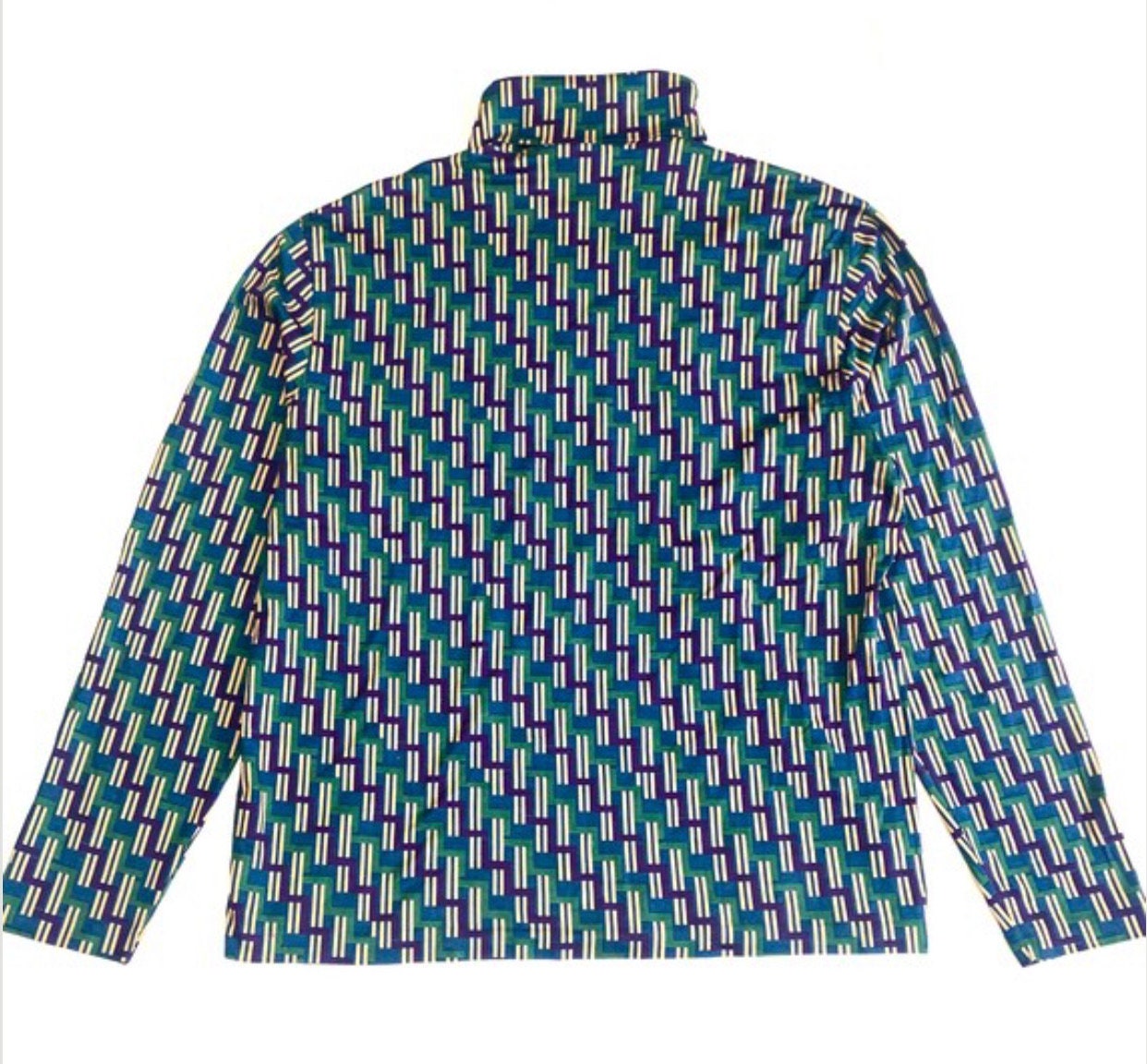 Trussardi 70s style cotton turtleneck jumper w geometrical allover in green, blue and beige, mint