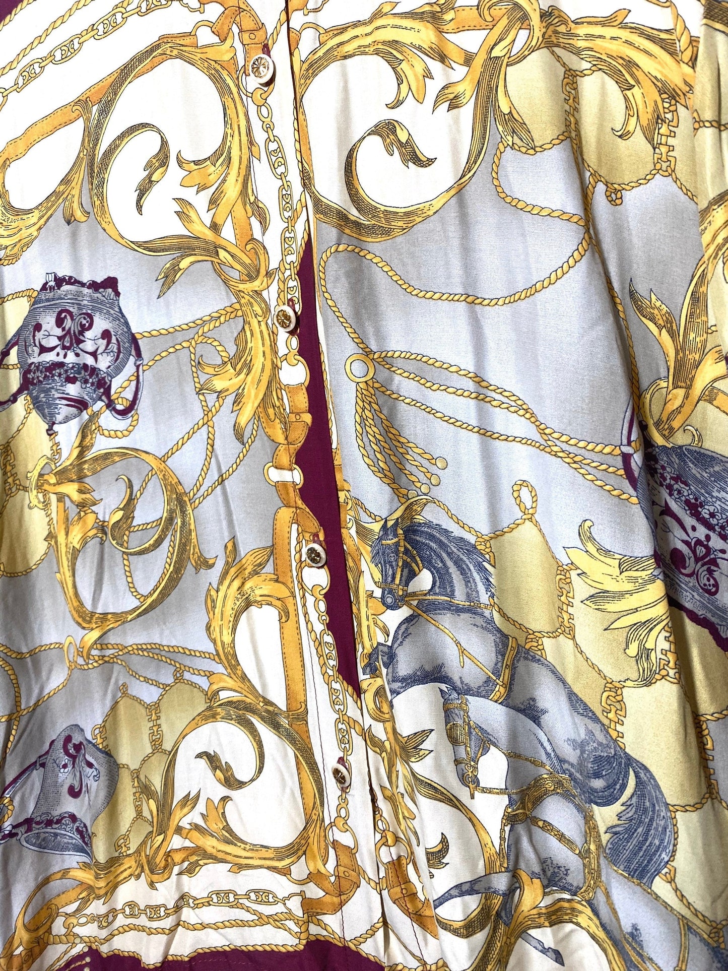 Incredible baroque chain print shirt with horses and teapots allover, beautiful viscose fabric, 80s and mint