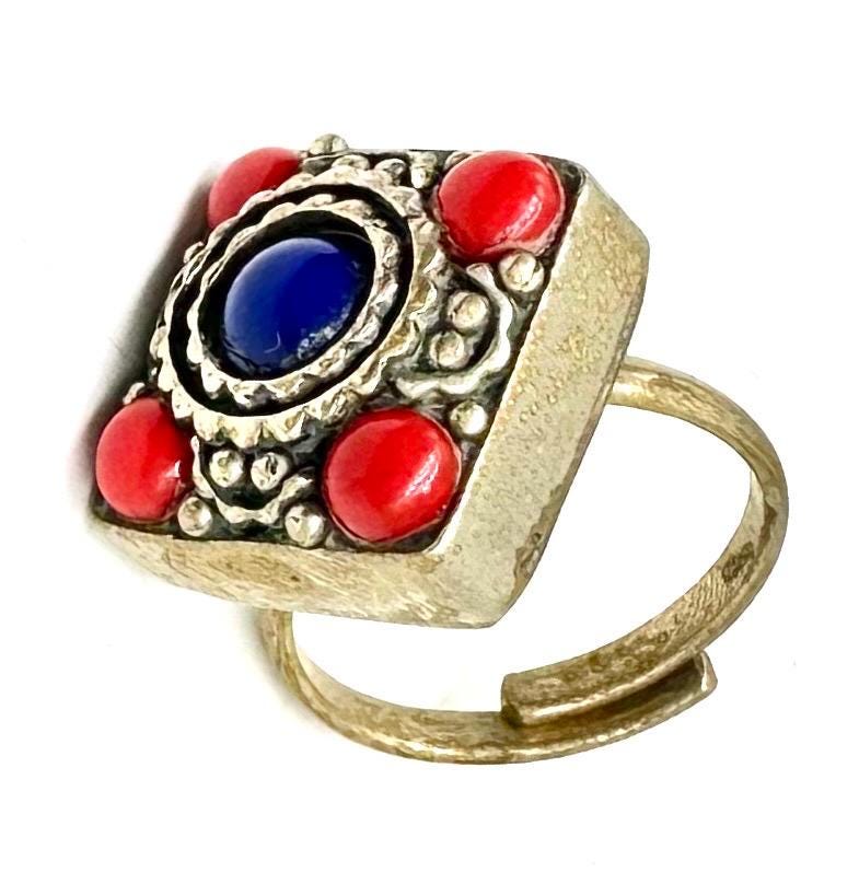 Tibetan ethnic rings w blue/red/turquoise beads/stones, adjustable