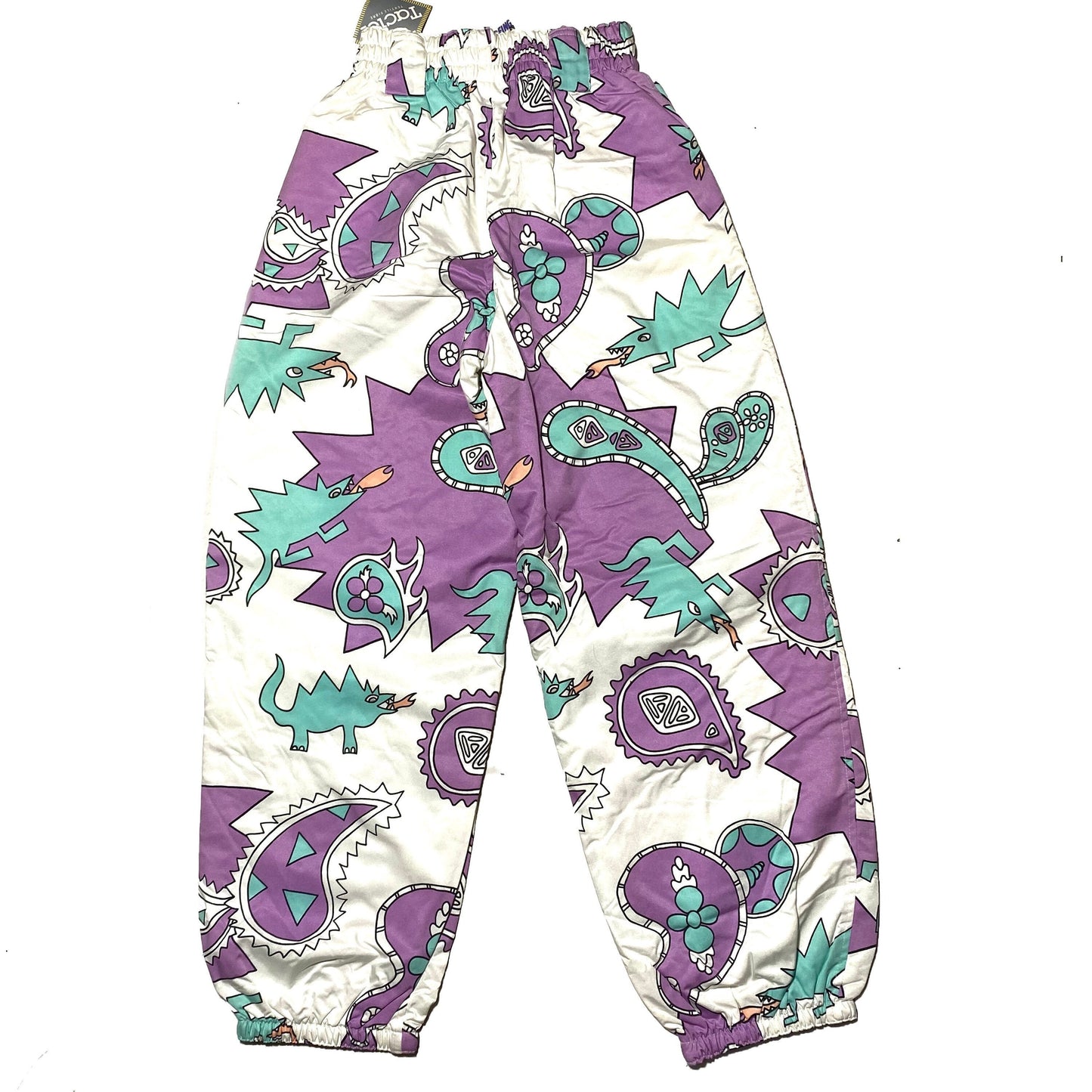 Jet Set purple / turquoise / white dragons / paisley crazy print windsurf padded tactel trousers, NOS 90s