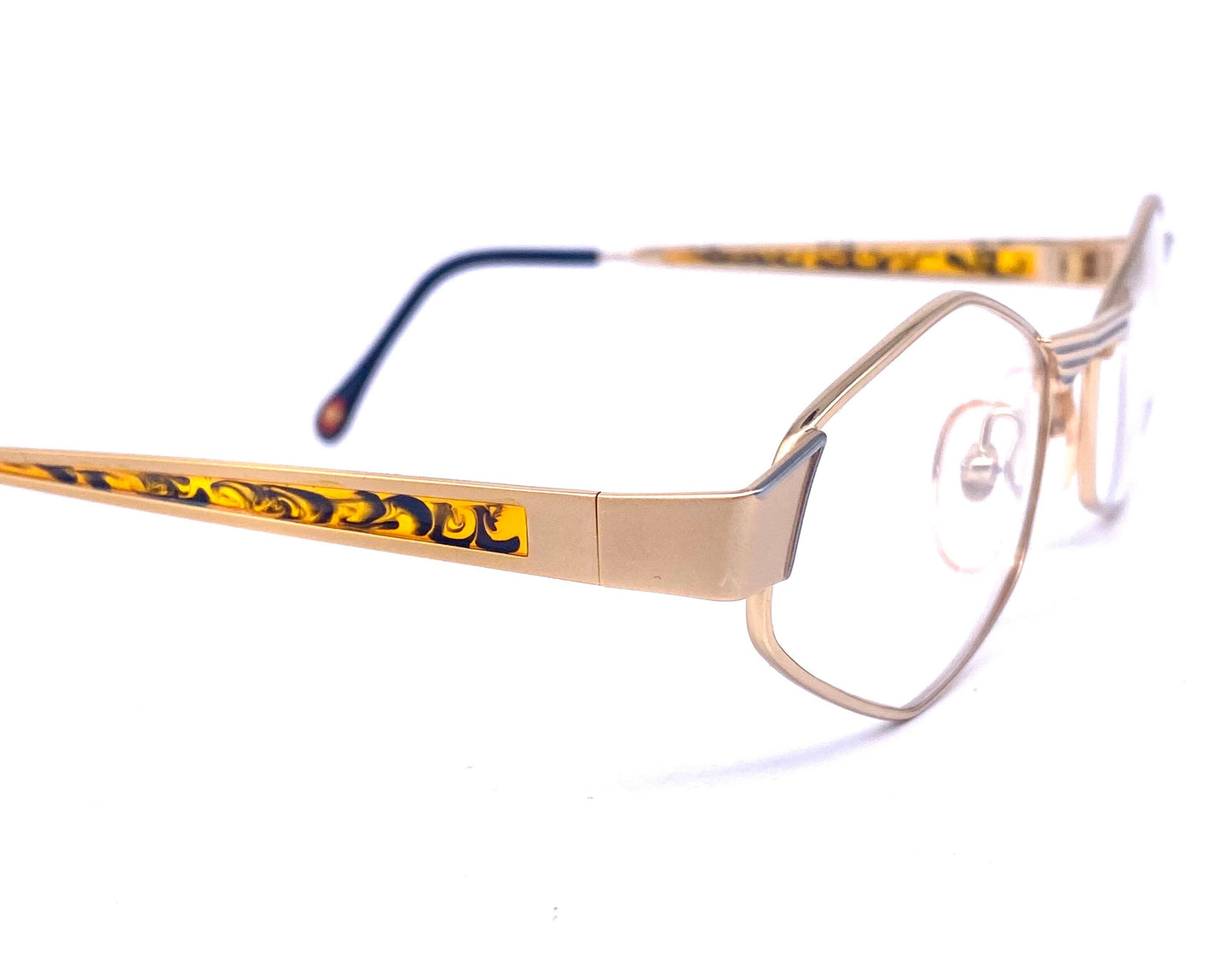 Dolcevita rare hexagonal gold frames w amber translucent inserts by Casanova, Italy 80s NOS