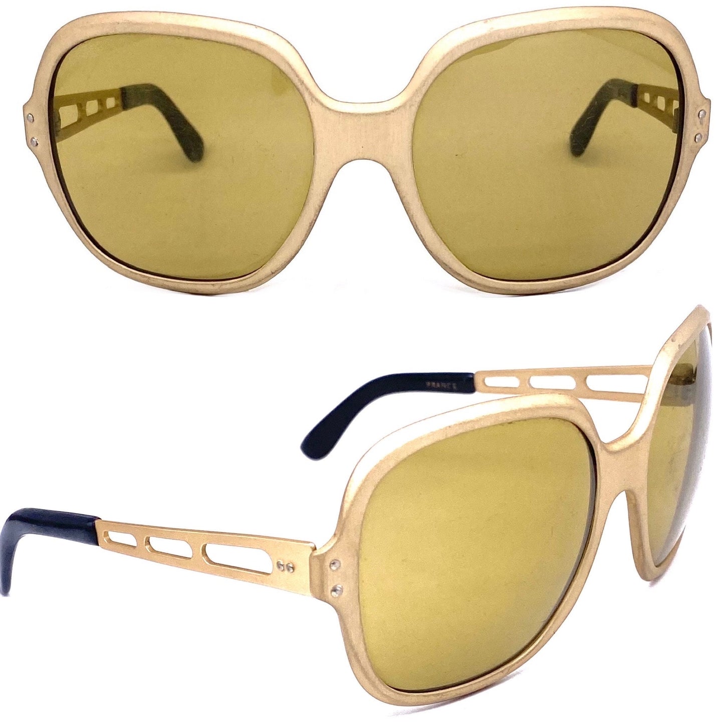 1970s funky square oversized brushed golden metal sunglasses with cutoff detailed temples, great condition