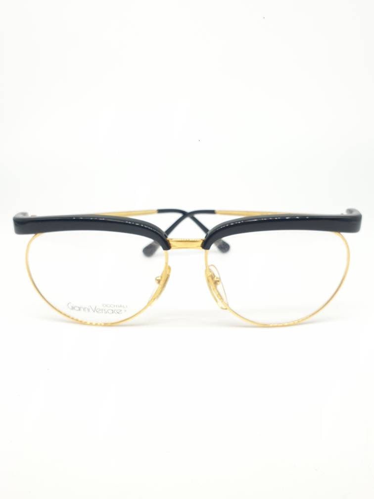 Gianni Versace V86 gorgeous oversized eyeglasses, black cutoff wings frame and golden temples, 90s NOS
