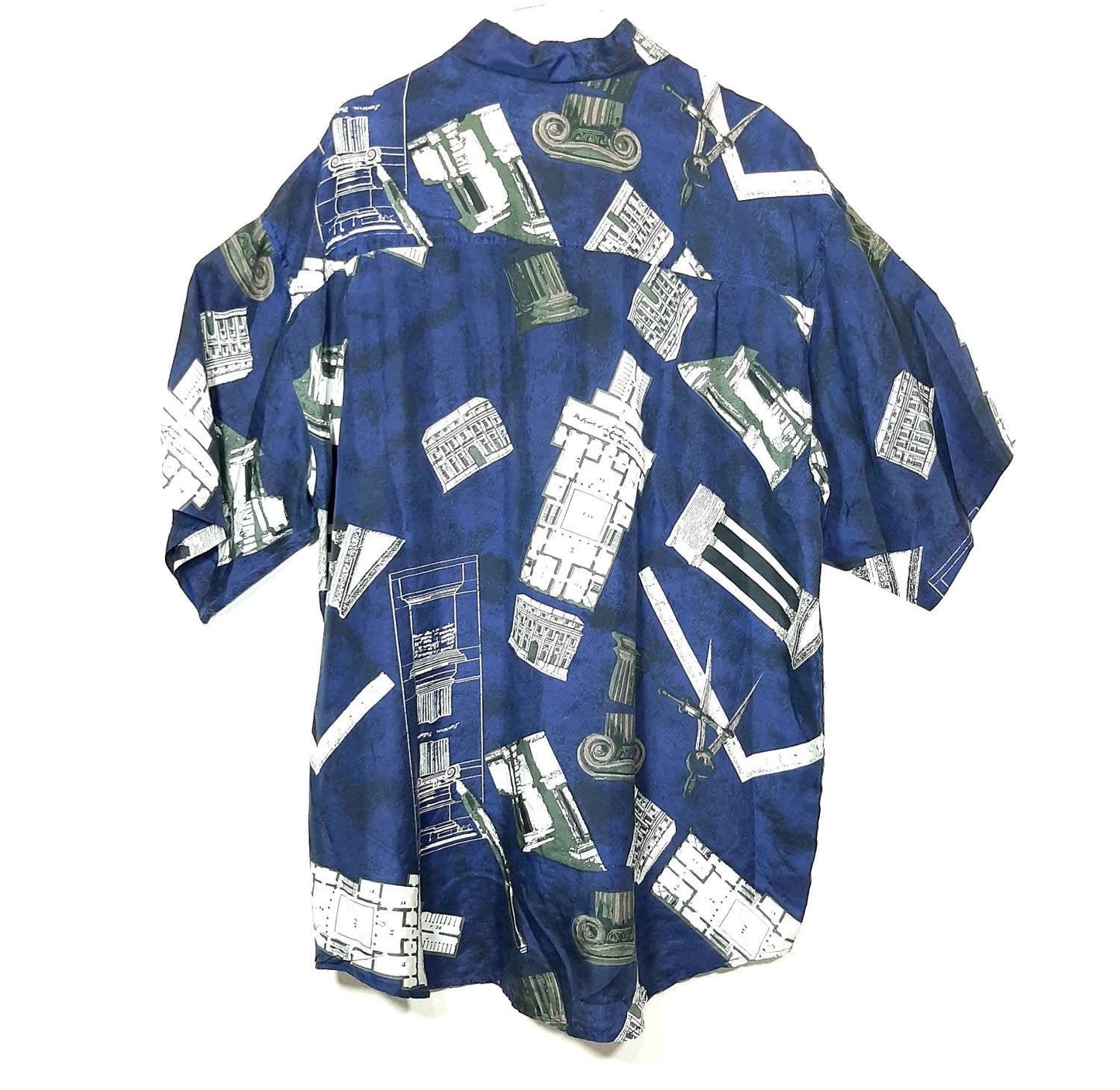 Cool Architect Roman square compass Masonic symbols allover navy blue pure silk shirt, 80s and mint
