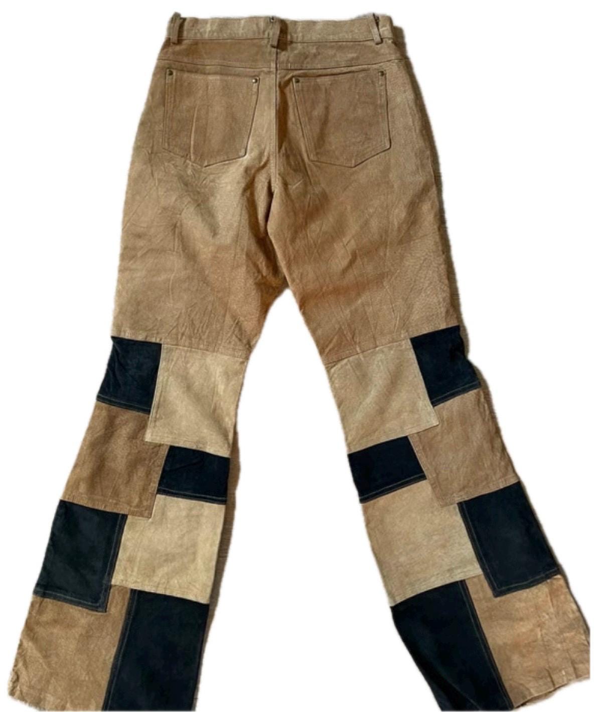 Real leather patchwork beige/brown squares bootcut trousers, w satin lining. Sz S - 40
