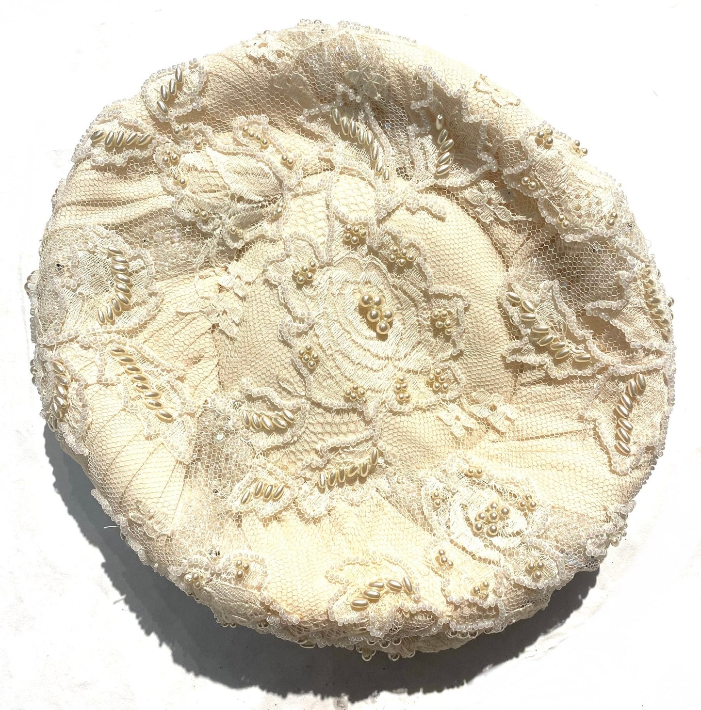 Ivory silk & tulle pillbox hat fully embroidered w floral motif of pearls of various shapes, NOS 80s Italy