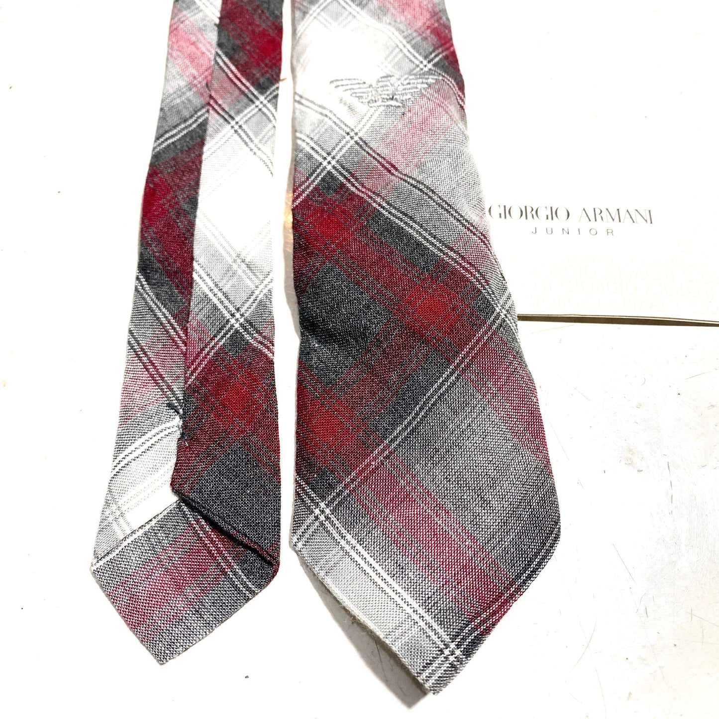 Giorgio Armani junior vintage slim cotton burgundy/grey/white tartan tie, 90s NOS, 2 available