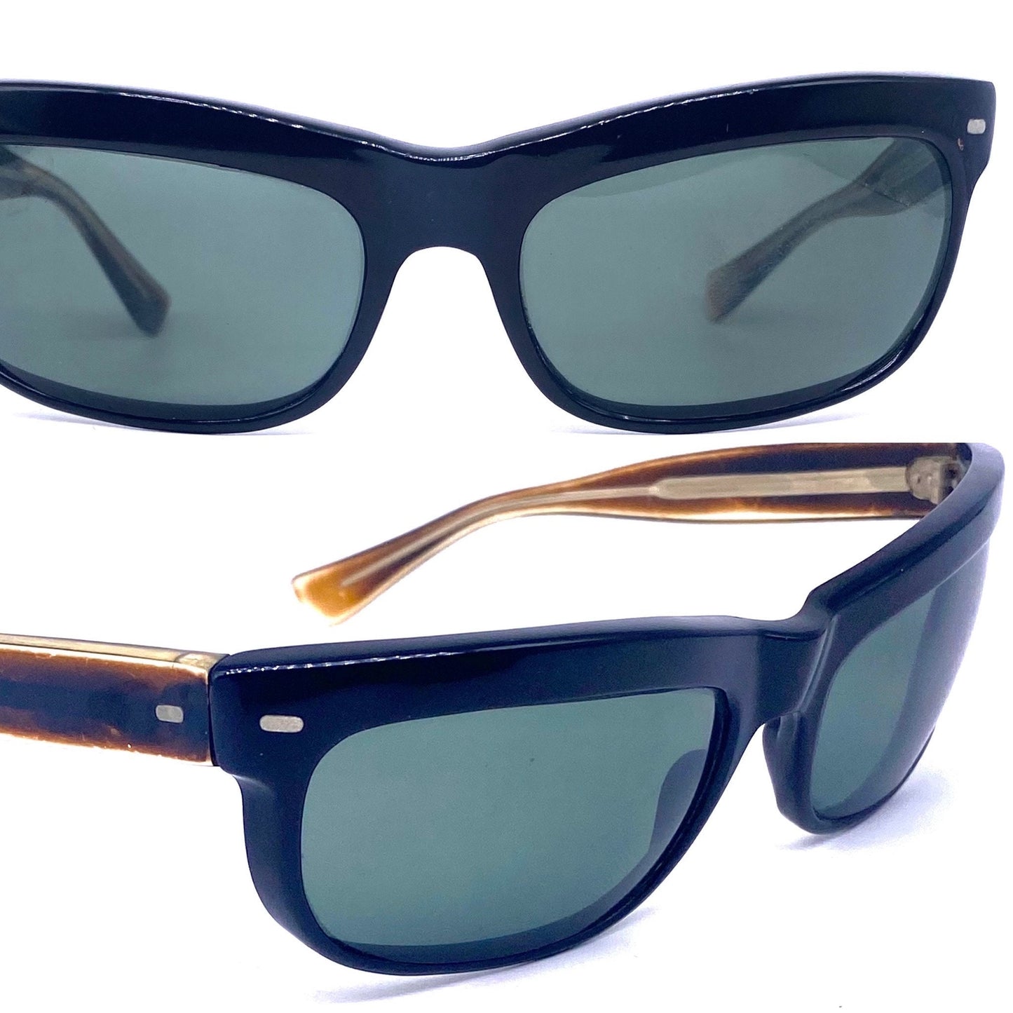 Prixol “Terminator” style sunglasses, sporty black wrap shades with brown temples, 1960s NOS Italy