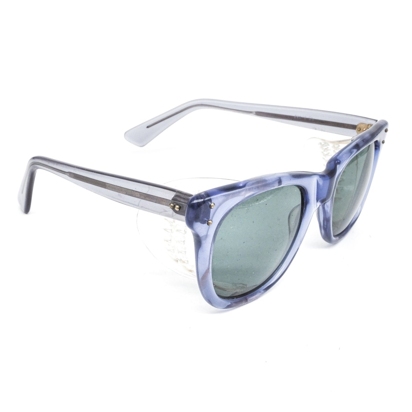 Occhiali da sole Wayfarer Baruffaldi in acetato traslucido con pannelli laterali trasparenti, new old stock anni '80 ITA