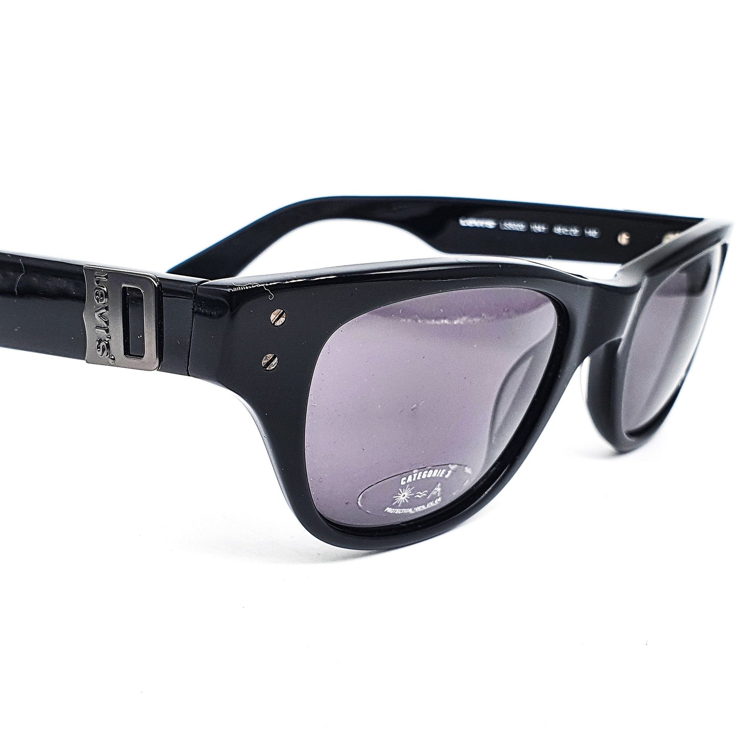 Levi’s classic retro square black acetate sunglasses with gunmetal logo inserts, NOS 90s Italy