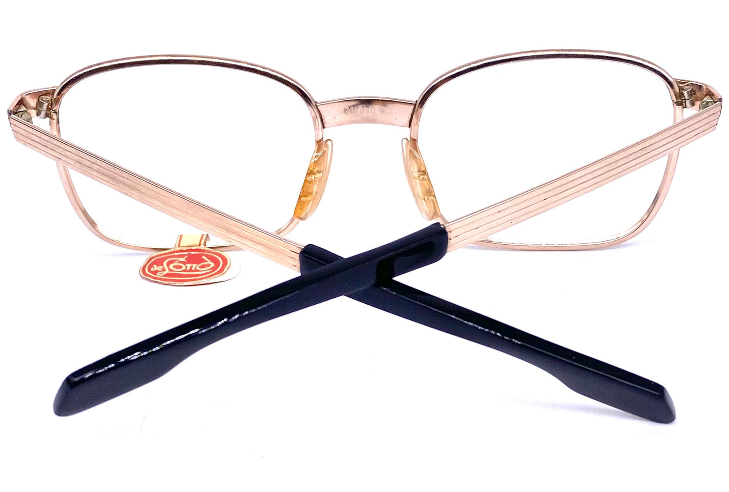 De Lotto real gold plated 20k square metal frames w/ thick bridge & temples adorned w/ carved lines, 1960s NOS Italy