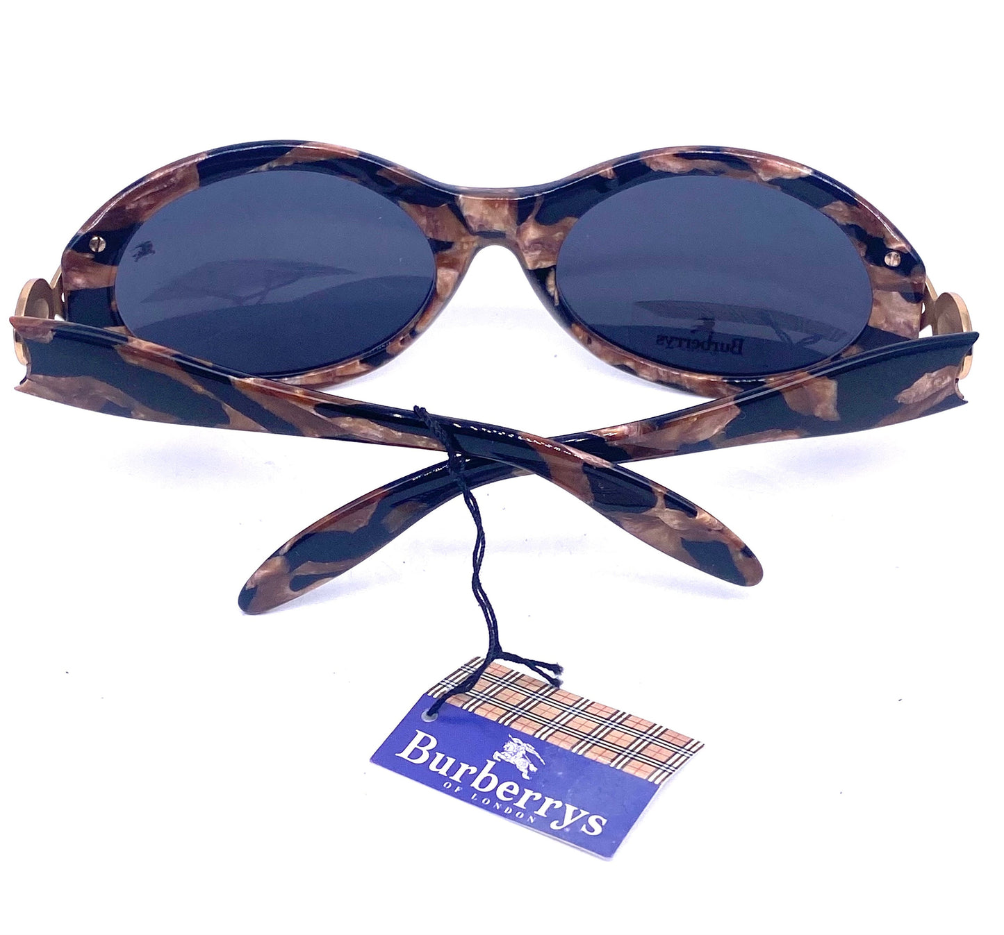 Burberrys oval wrap tortoise sunglasses w Carved logo on golden metal hinges , NOS 90s