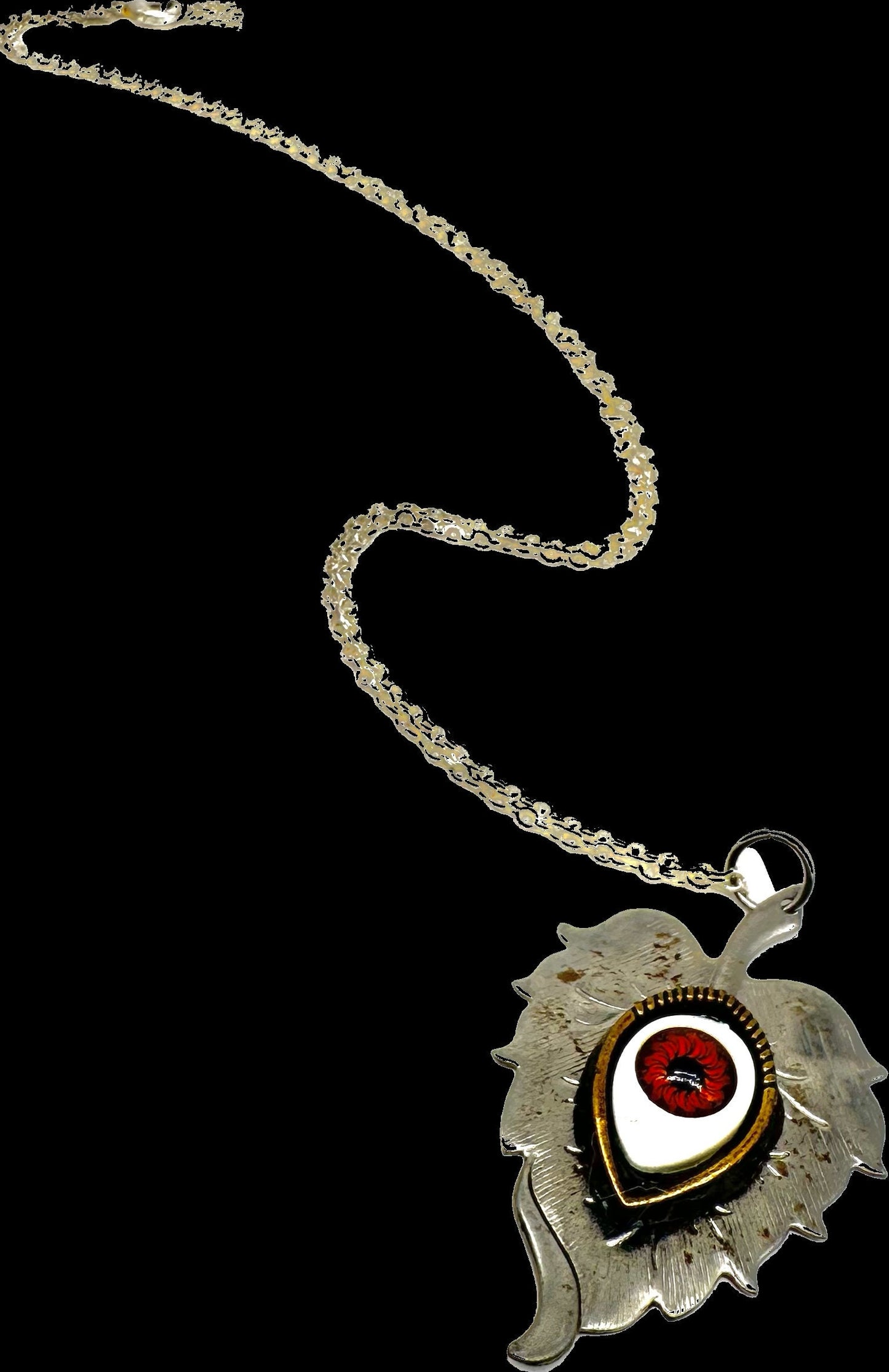 Hand made red EvilEye over antique leaf pendant w 925 silver chain, 55cm