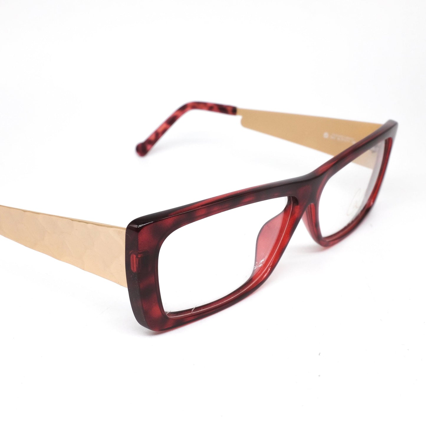 Christian Lacroix 7343 square red tortoise frames w thick hammered golden metal temples, NOS 80s France