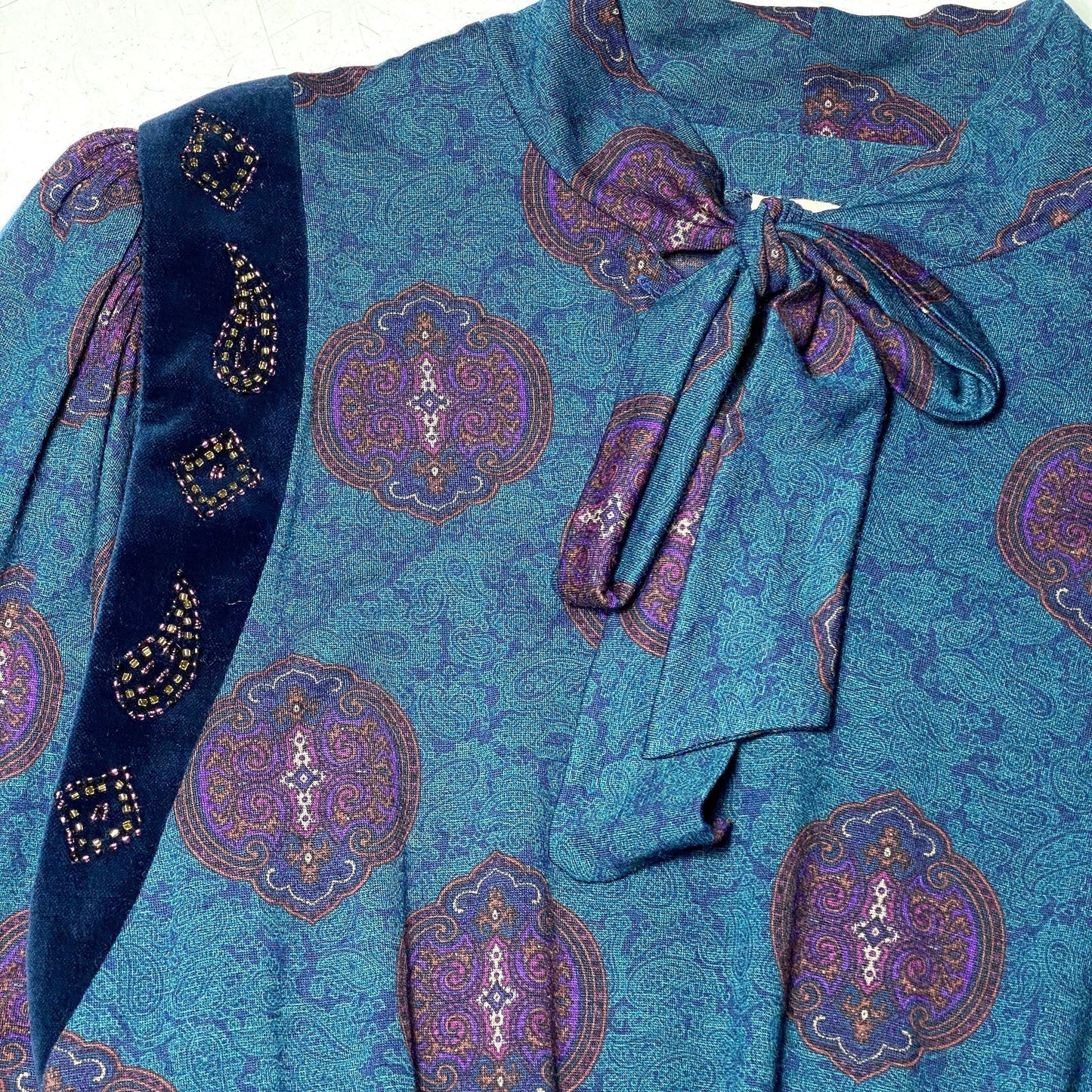 Romy Paris 70s boho dress, baroque/tapestry allover with black velvet and glass beads embroidery, mint