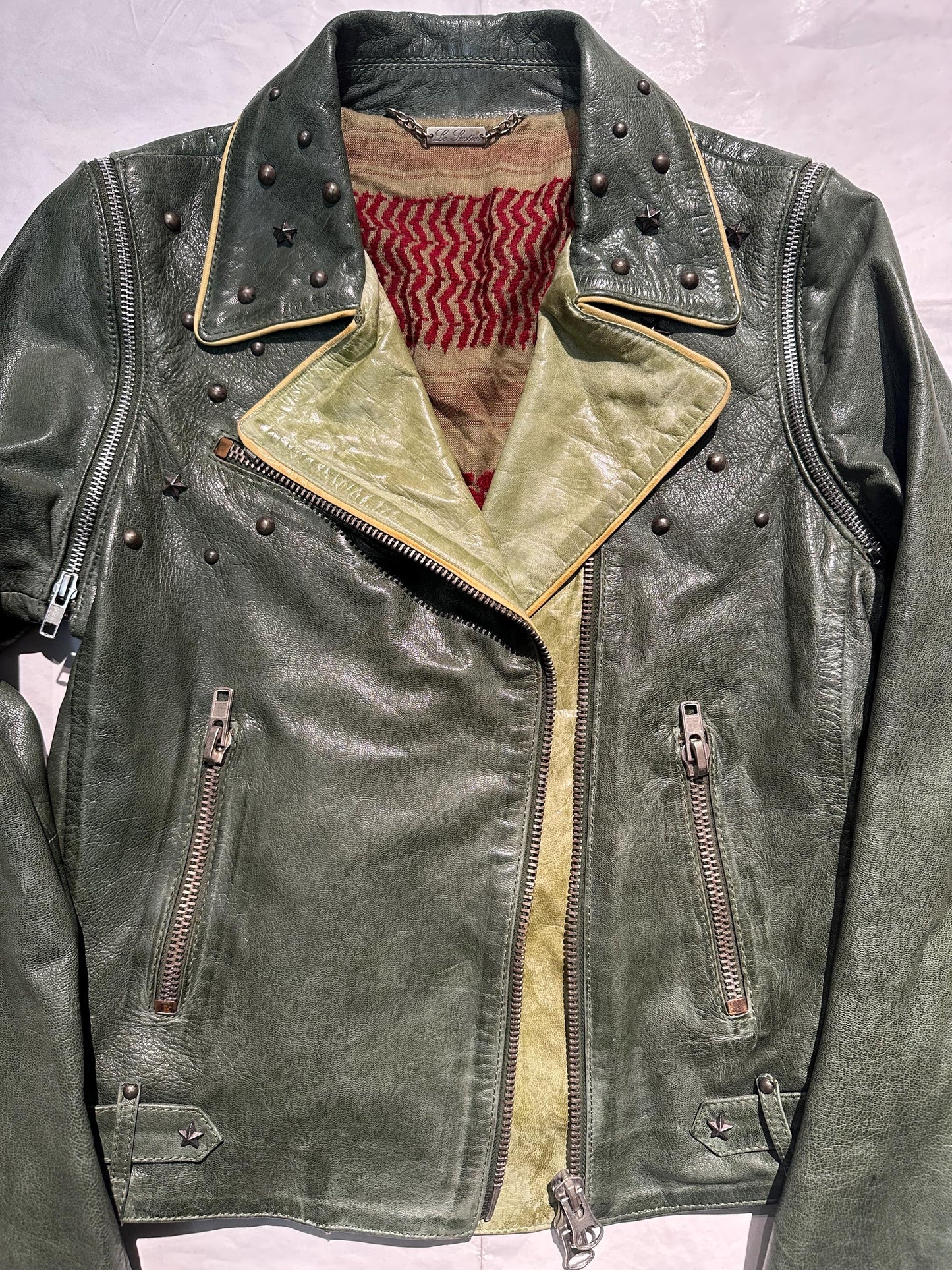 Le Sentier luxury military green studded chiodo-vest with kefiah lining & detachable sleeves, mint