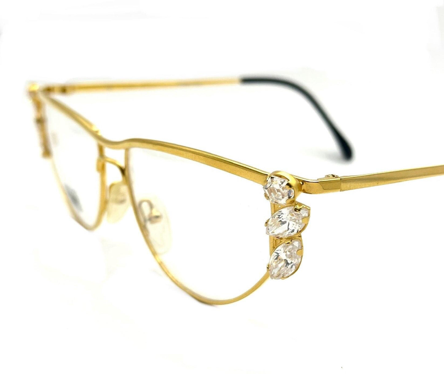Gianfranco Ferré GFF75 jeweled cateye glasses, golden metal frames w big Swarovski crystals, 1980s NOS