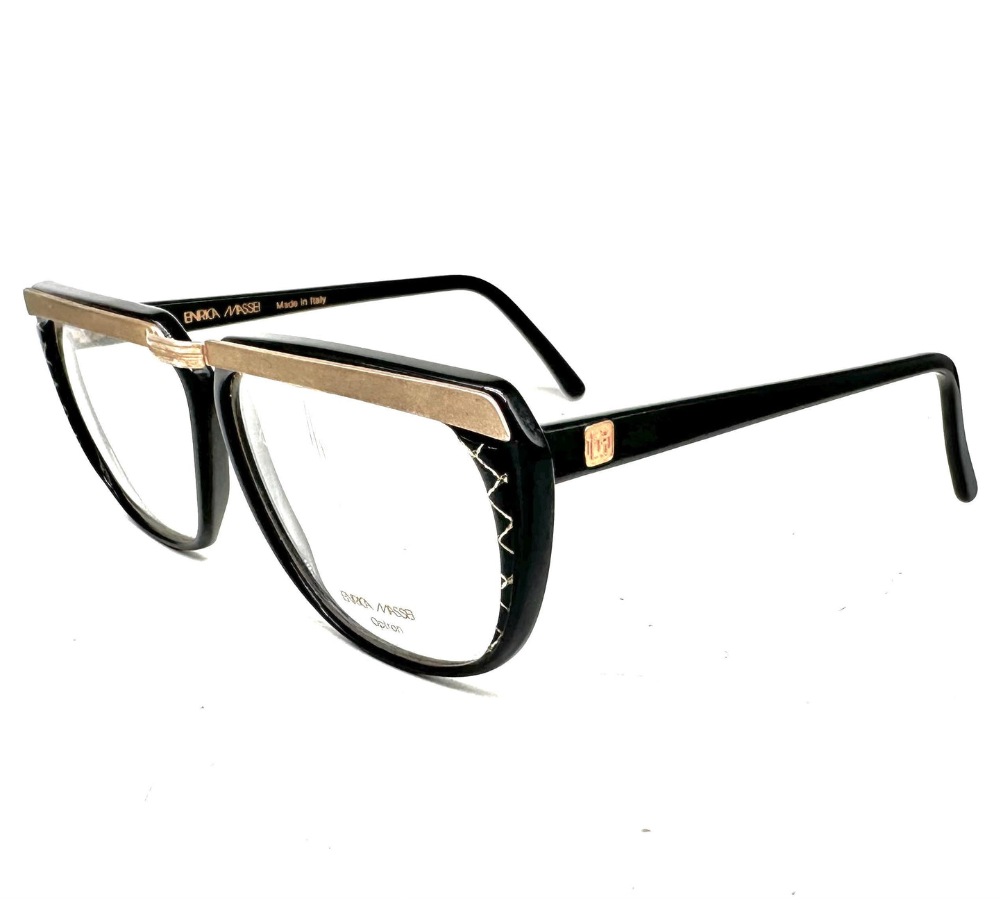 Enrica Massei modern square glasses in black or honey sparks w golden browline/bridge, 80s NOS