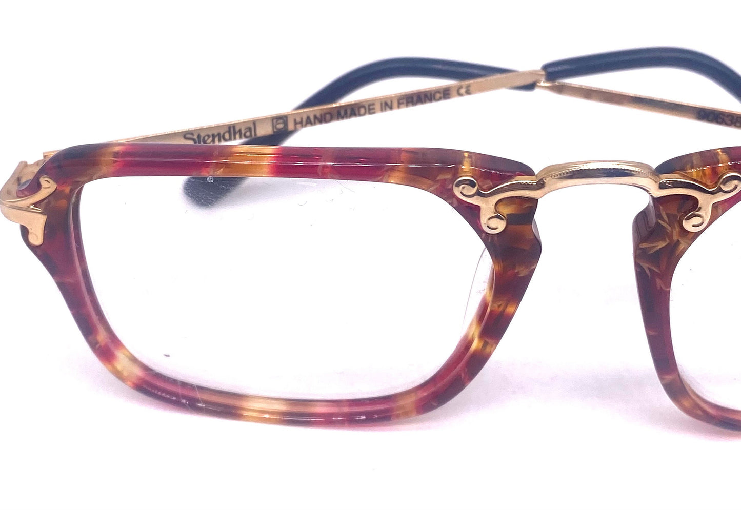 Stendhal Paris one of a kind red tortoise & gold deco inspired eyeglasses frames hand made in France, 80s NOS