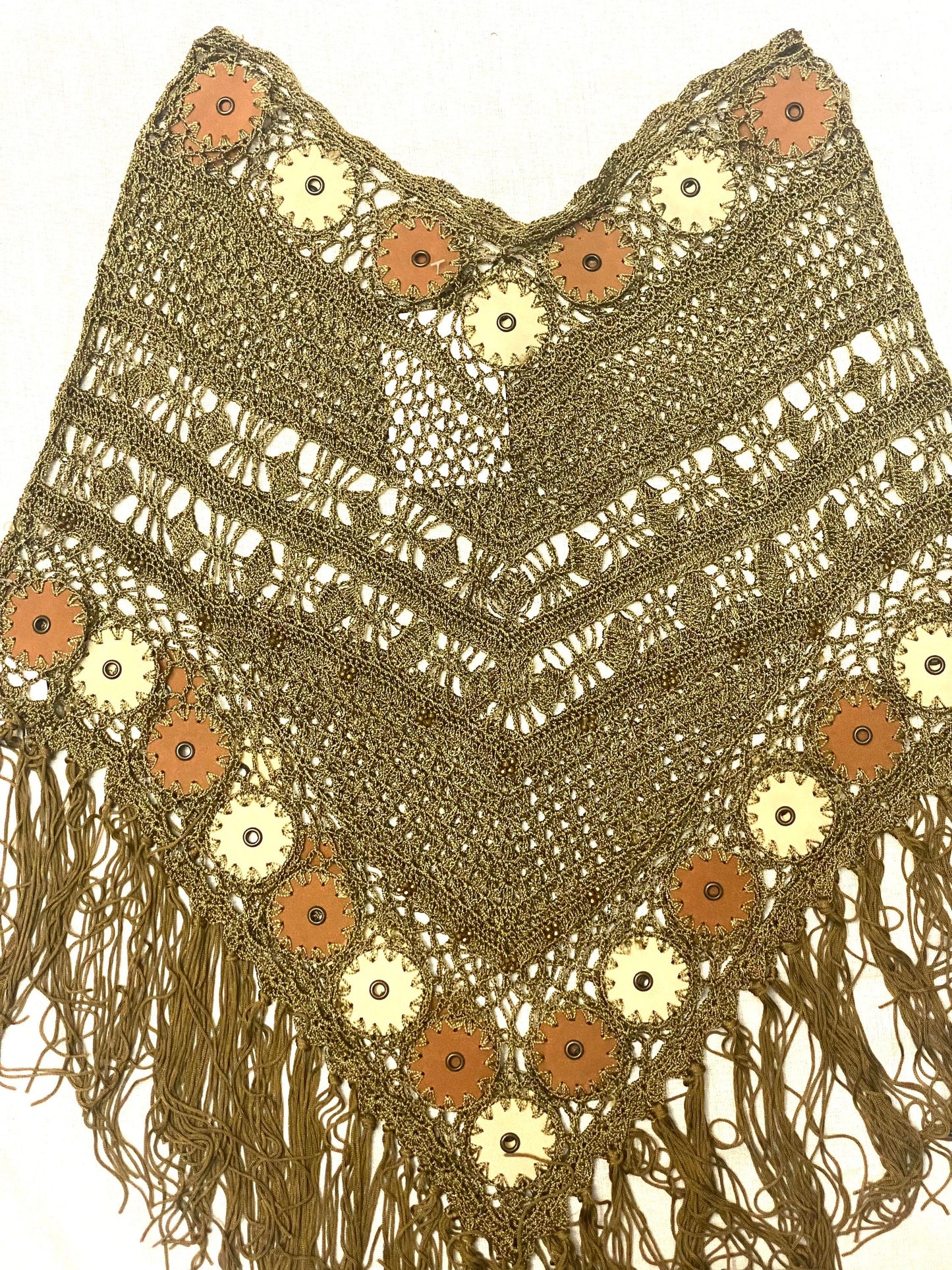 Navajo satin cord crochet fringed shawl/poncho with leather inserts, beautiful and mint