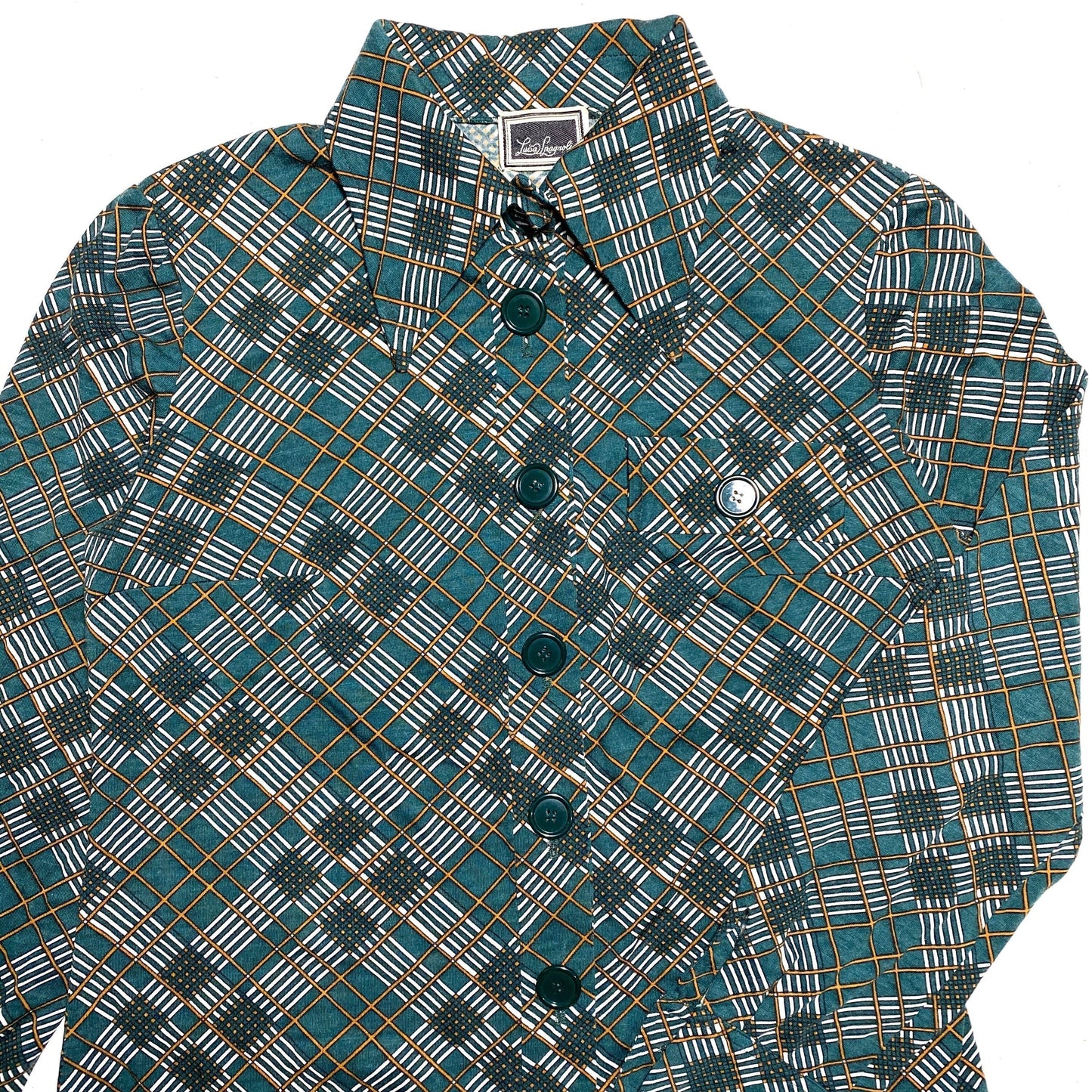 Luisa Spagnoli 70s green checks cotton blouse with beagle collar and chest pocket, mint sz 44