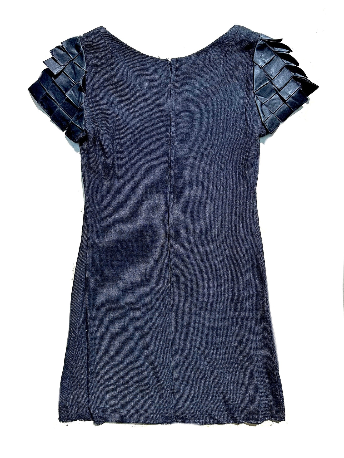 Polly Peck by Sybil Zelker 1960s black linen dress w pleated ribbon detail, mint