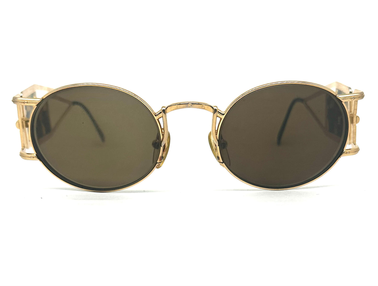 Jean Paul Gaultier 56-4672 rare gold plated round steampunk sunglasses w stained glass inspired temples, used in mint condition