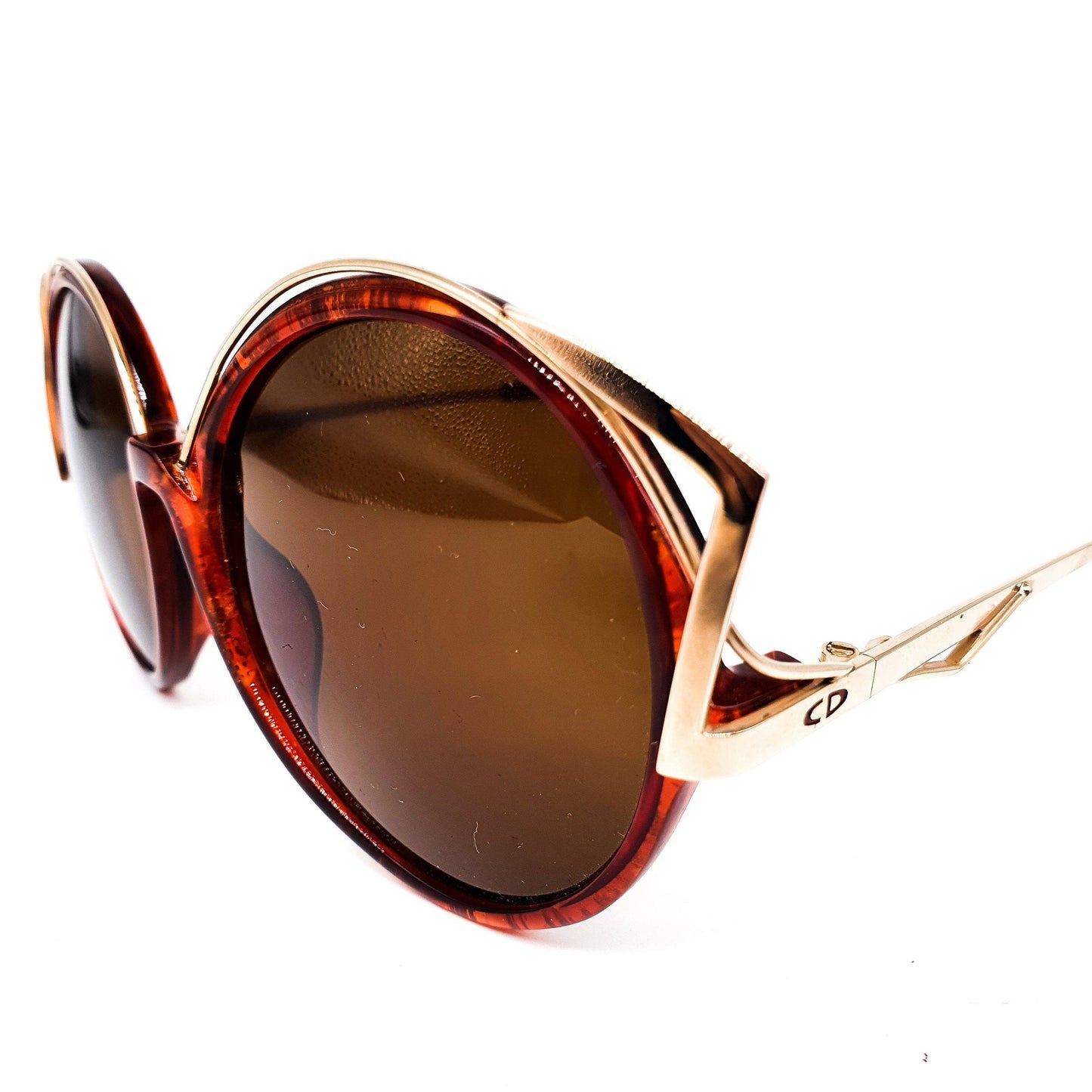 Christian Dior 2554 Oversized sunglasses with brown tortoiseshell edge and round golden rods, 80s NOS