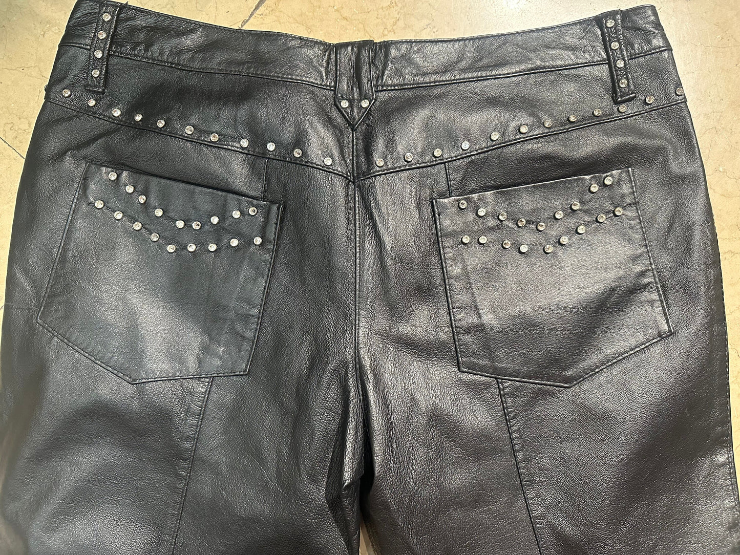 Rocking Black real leather trousers w/ Svarowsky studs, made in Italy 90s sz 33