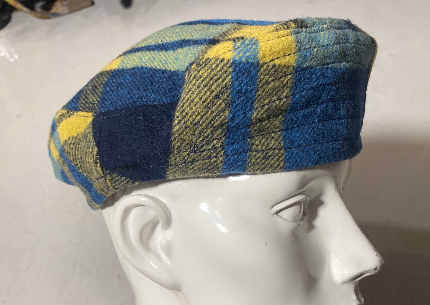 Diesel military style yellow/blue plaid wool beret / hat made in Italy, 90s NOS, 2 available