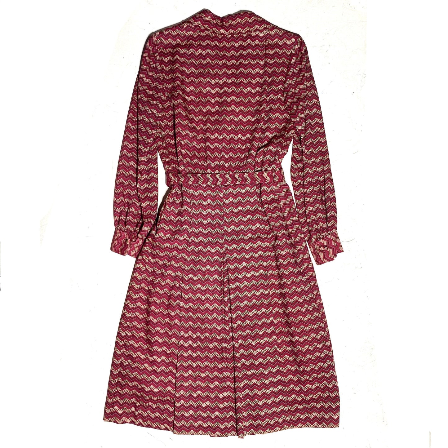 1970s burgundy cotton chevron allover dress with satin lining, matching blt, mint condition.