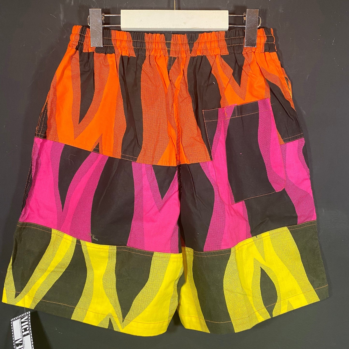 Mistral 1990s neon / black print swim shorts in 100% cotton, new old stock unworn