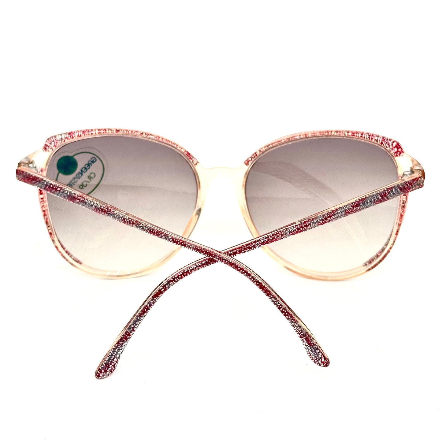 Missoni M58S red organic fantasy sunglasses w real fabric inlaid in the clear frames, NOS 80s Italy