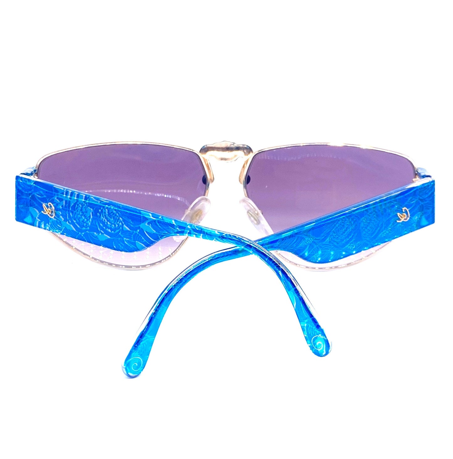 Occhiali da sole oversize da donna Christian Lacroix 7391 blu/oro barocco realizzati in Austria, anni '80 NOS