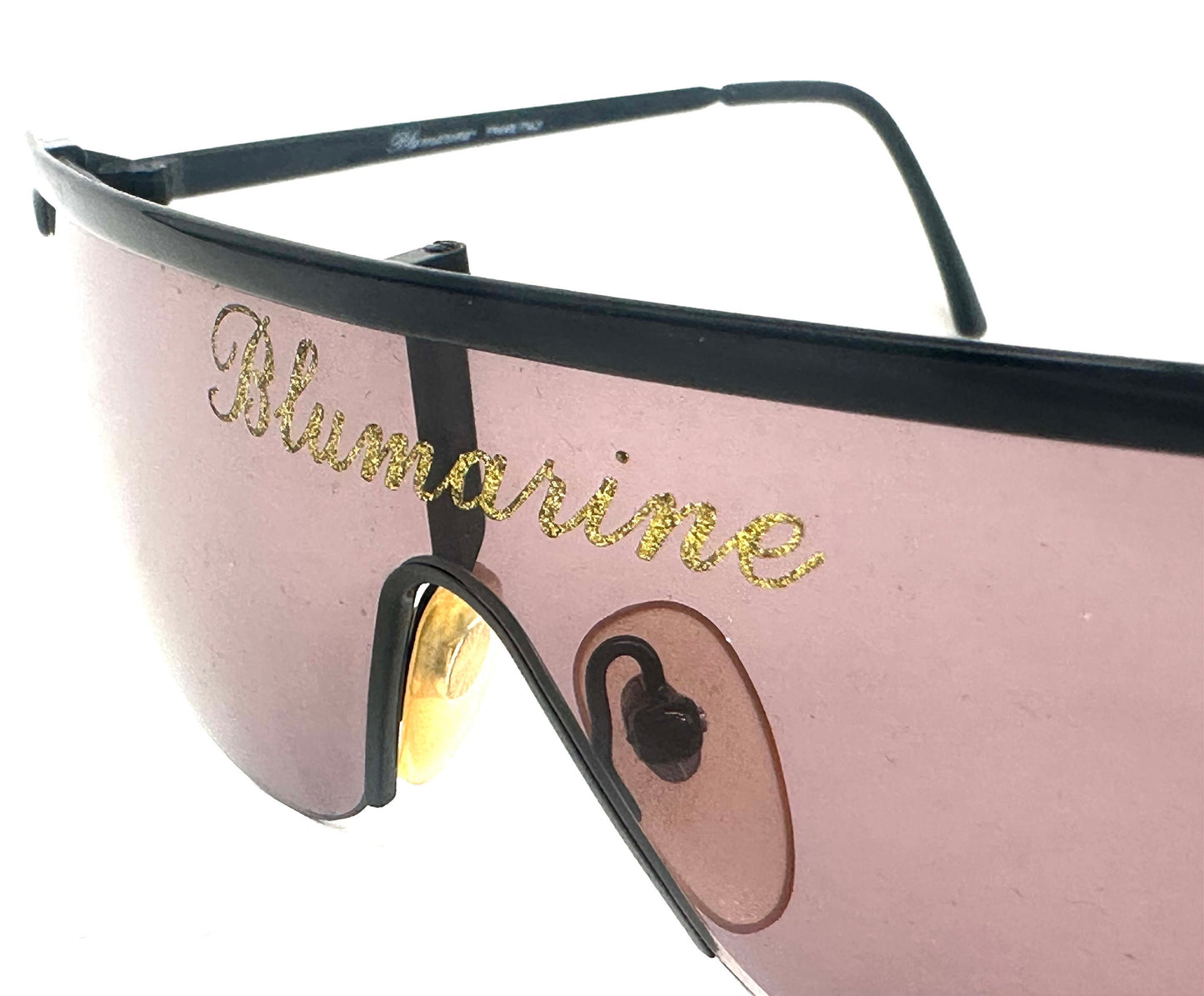 Bluemarine BM600 runway black shield sunglasses w golden glittered signature, NOS 80s Mint