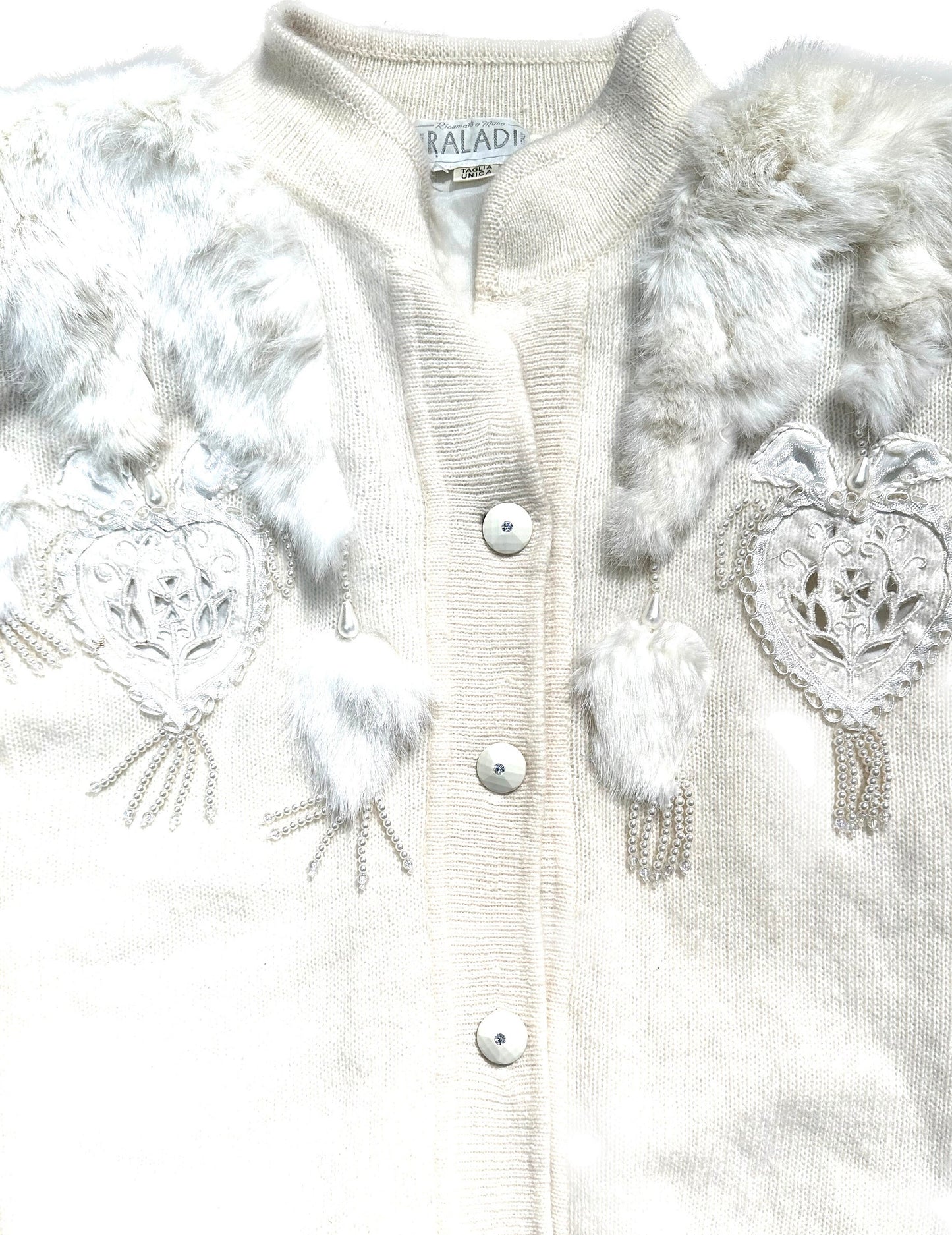 Hand Embroidered softest wool & angora w/ lapin fur inserts, total white Cardigan by Raladi Rome, mint
