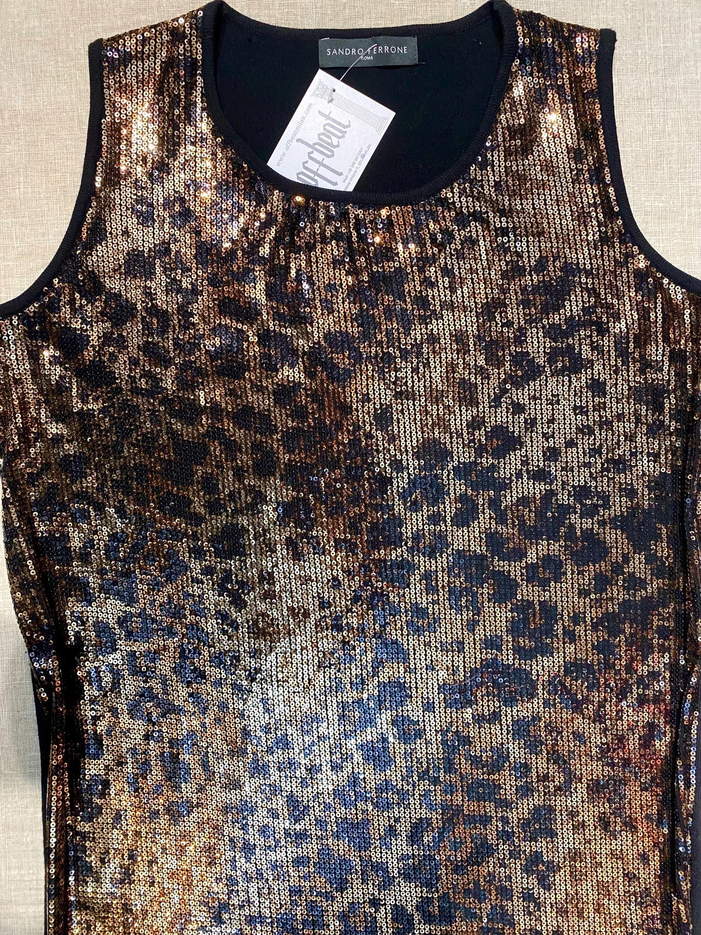 Sandro Ferrone golden leopard sequinned long vest/ knitted tank pullover, sz M mint